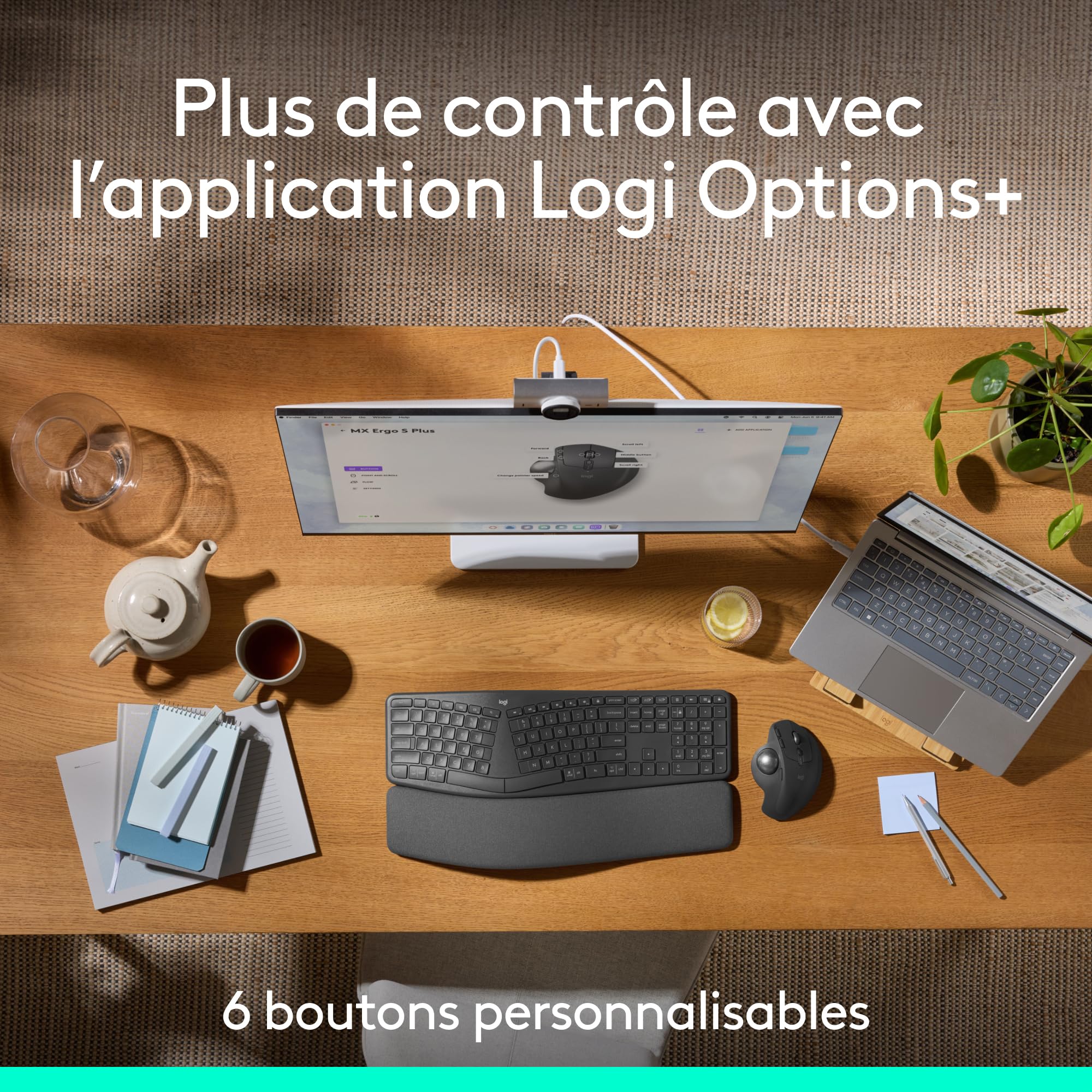 Logitech MX Ergo S souris trackball sans fil avancée | Mouse ergonomico wireless ricaricabile USB-C, Bluetooth, dongle crittografato, 6 pulsanti programmabili, PC/Mac - Grafite