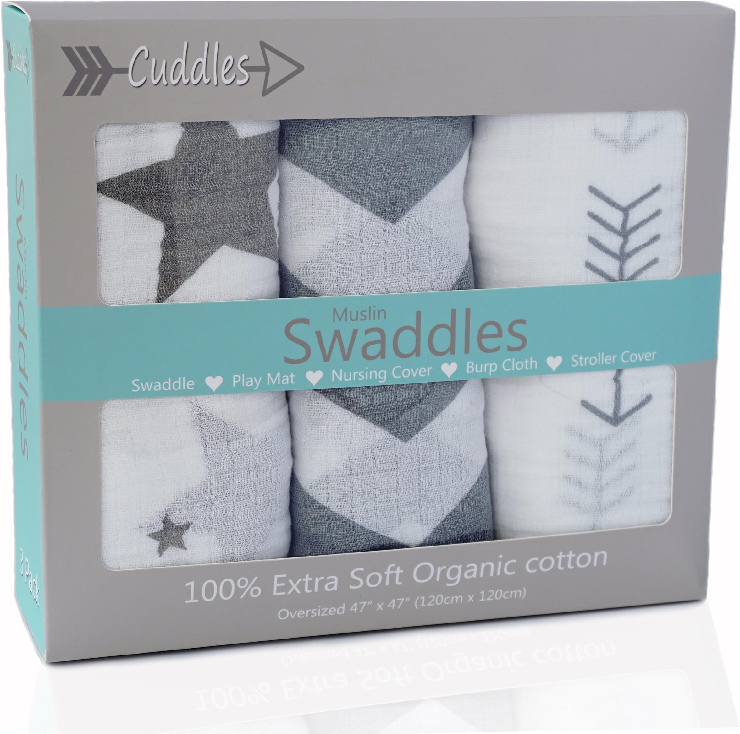 Muslin Swaddle Blankets| 100% Soft Organic Cotton Newborn Baby Blanket| Gray Chevron, Arrow, Star Combo Set | Receiving Blankets Girl or Boy | Baby Shower Gift