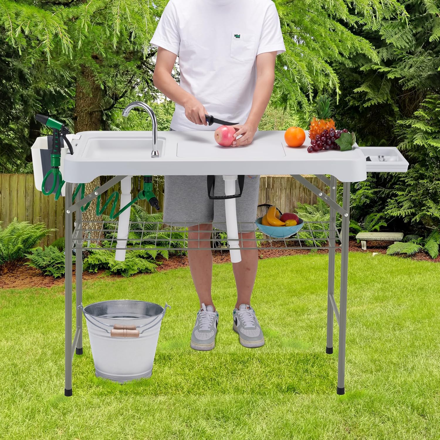 Dragosum 42'' Outdoor Fish Cleaning Table Portable Camping Sink Station with Double Sinks, Collapsible Swivel Faucet, Picnic Sink Table with 6pc Fish Cleaning Kit for Picnic Beach Patio (Grey)