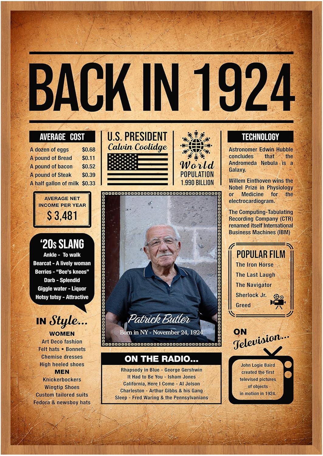 Amazon.com: Back in 1924 Poster Sign, Personalized Birthday Gifts Idea ...