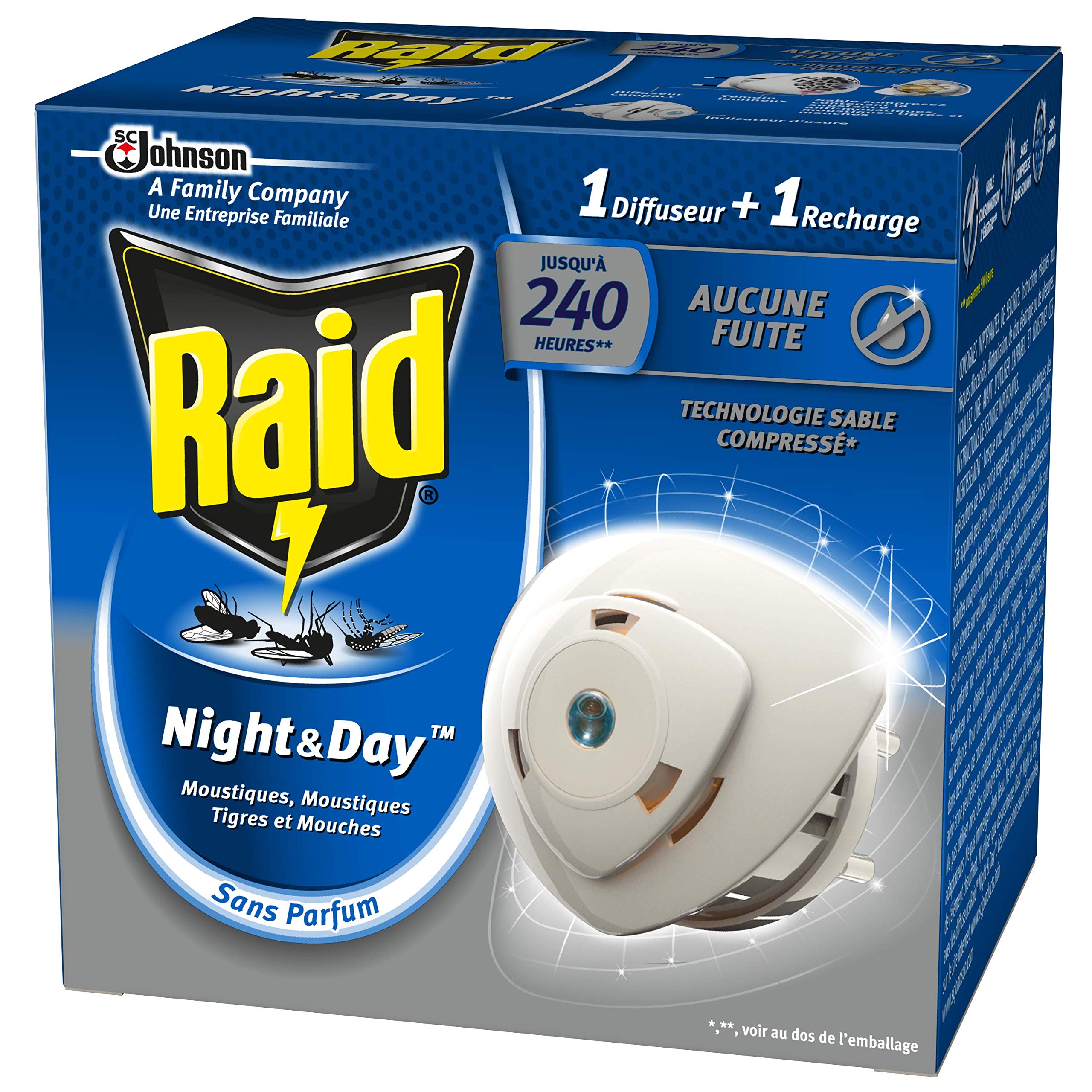 Raid difusor eléctrico día y noche moscas, mosquitos y mosquitos tigre, 1 difusor+1 recarga 240 horas, el embalaje puede variar