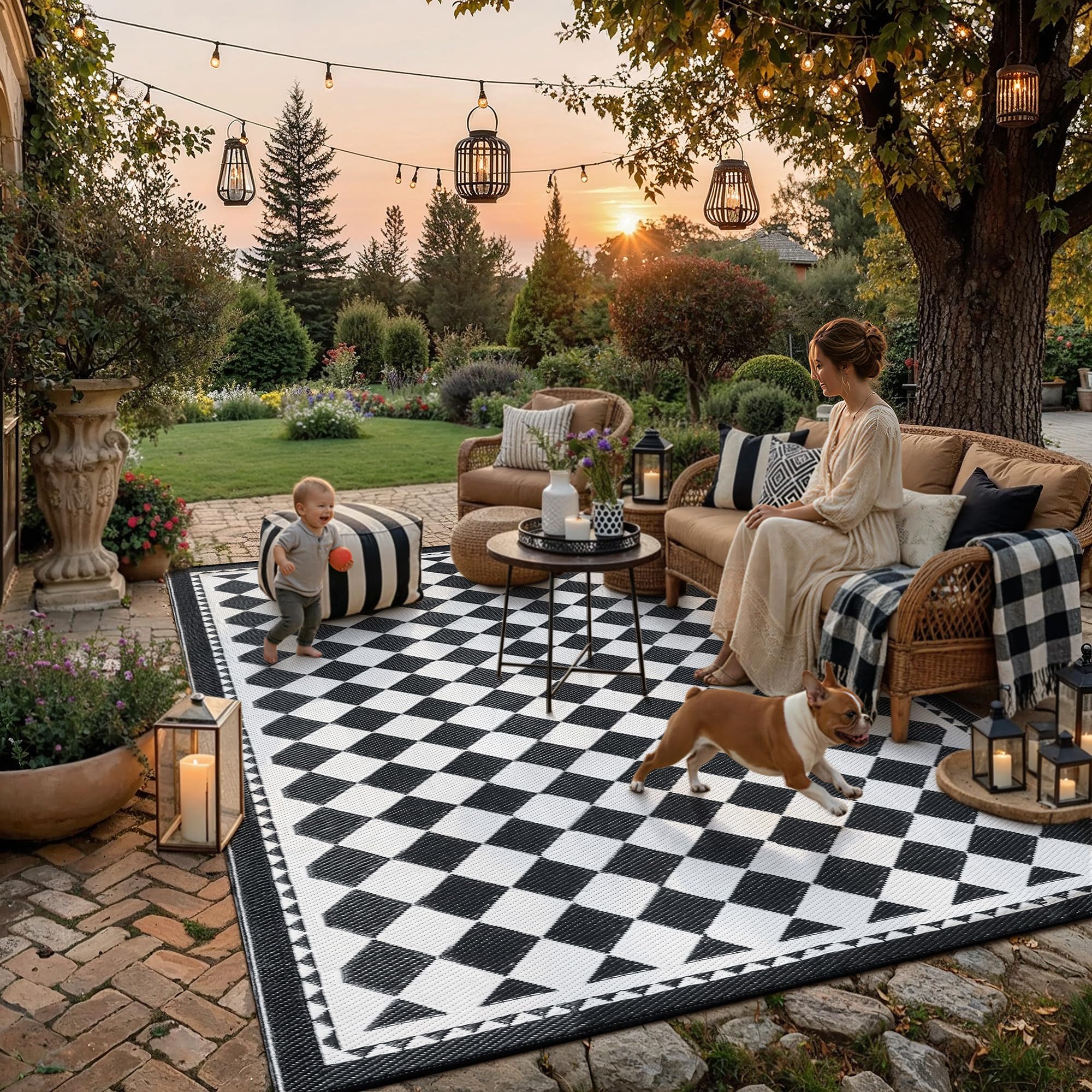 hugear outdoor waterproof rug 8'x10' plastic straw rugs washable reversible floor mat black/white plaid carpet for camping rv deck entryance porch picnic balcony beach backyard