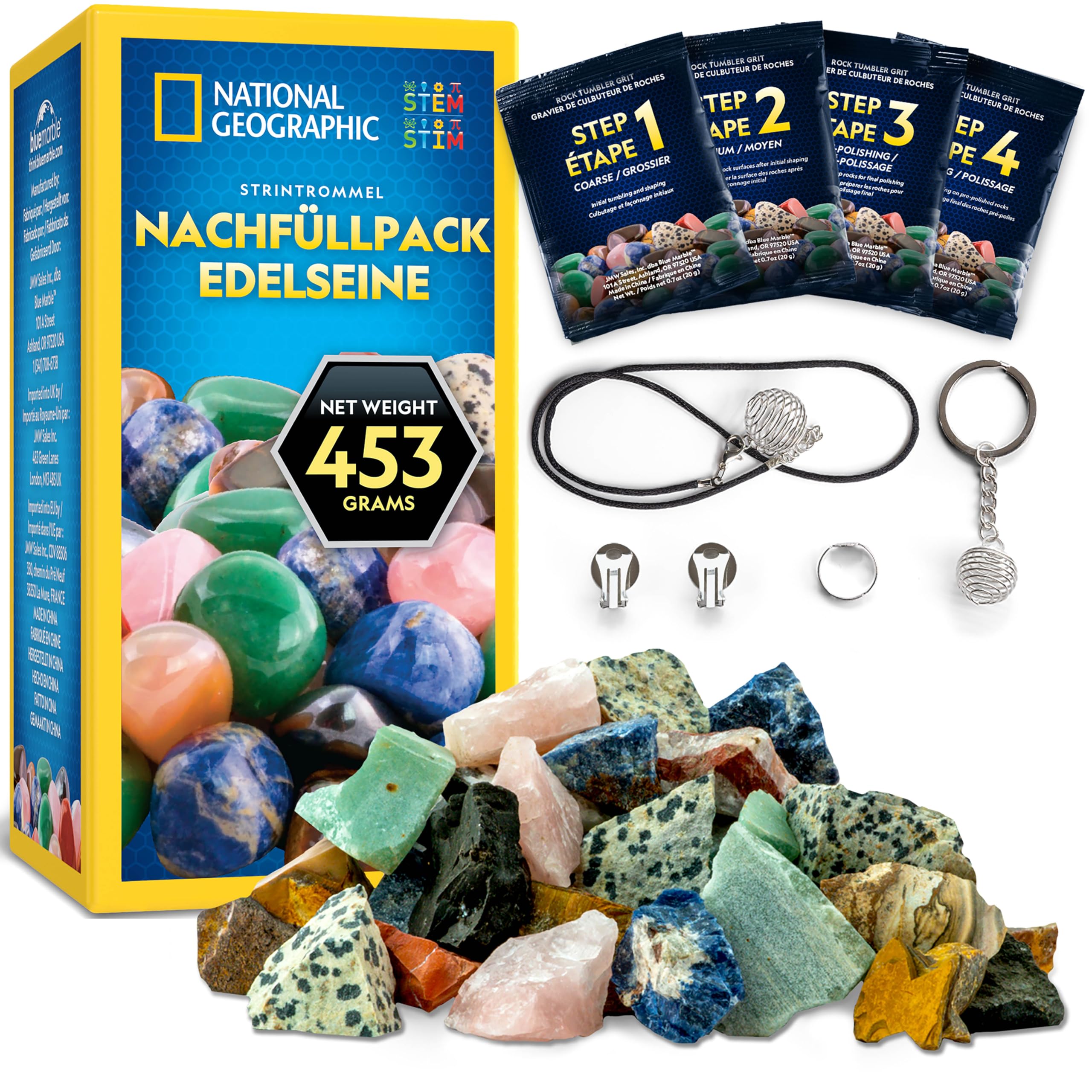 NATIONAL Geographic Nachfüllset für Trommelpolierer – 453 g Rohsteine und Edelsteine zum Polieren, inkl. Amethyst und Quarz – Schleifpulver & Schmuckzubehör
