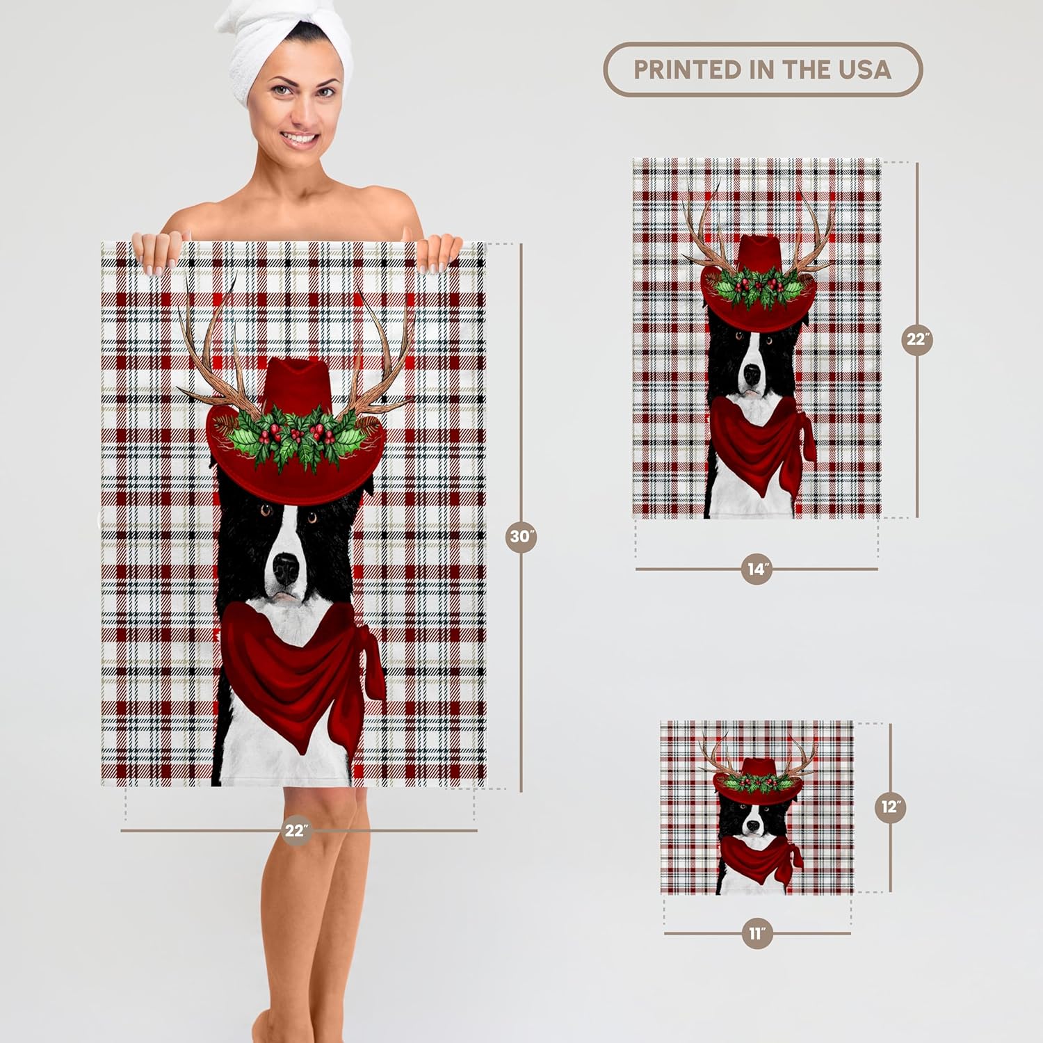 3dRose Western Plaid and Border Collie Country Christmas Cowboy Theme 22x30 Bath Hand Pool Towel