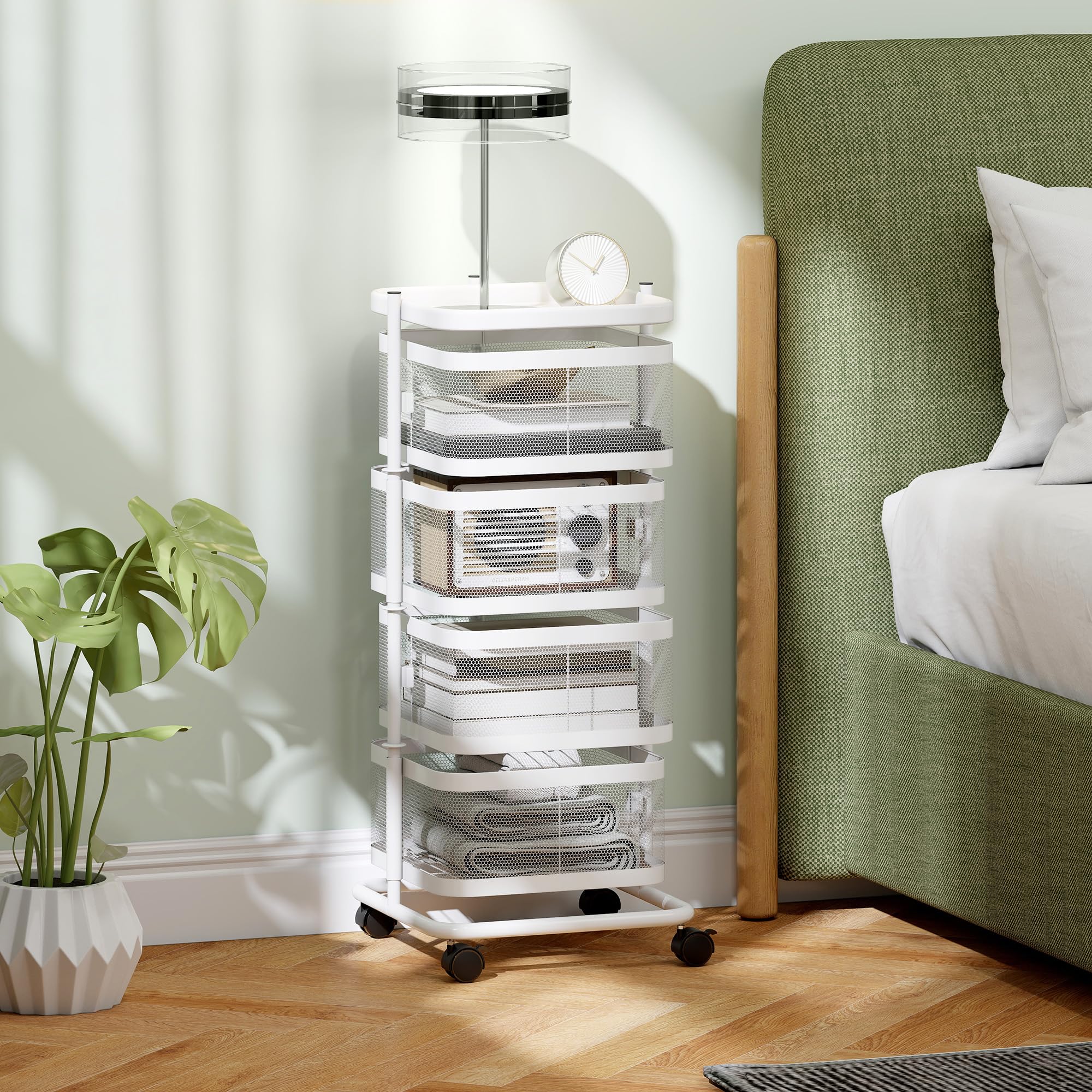 HOMCOM Resserre 4 paniers rotatifs sur Roues, Chariot de Rangement de Cuisine, Panier à légumes et Fruits avec Plateau supérieur, étagère en Fil d'acier, pour Cuisine, Salon et Chambre, Blanc