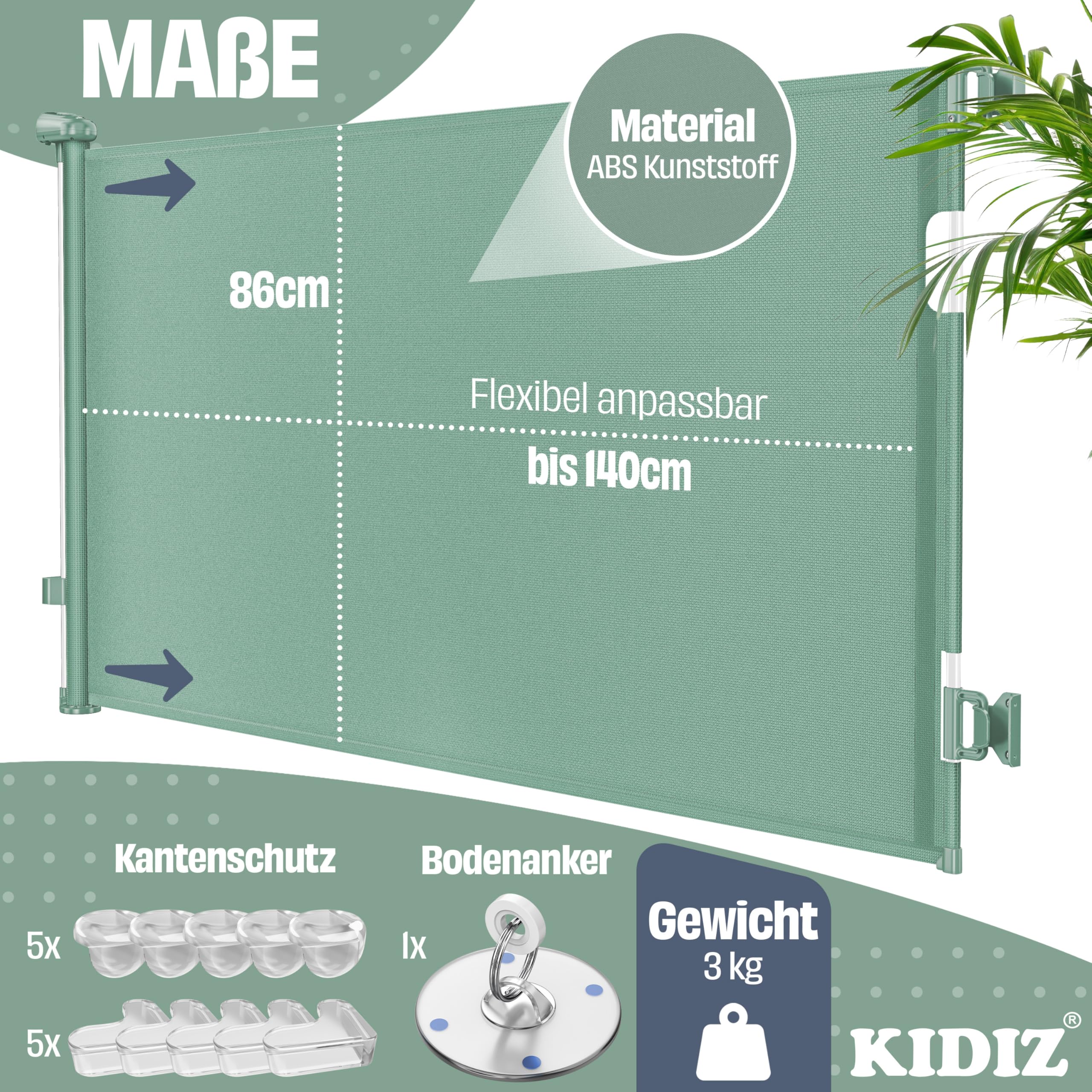 KIDIZ Rejilla protectora para escaleras, extensible, 0 – 140 cm, rejilla de seguridad para niños para bebés y mascotas, rejilla de protección para escaleras y puertas, incluye anclaje al suelo y