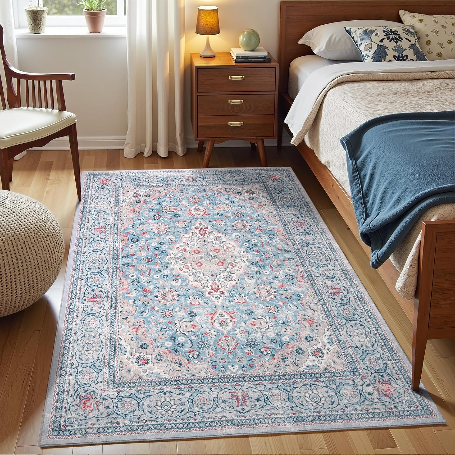 4x6 Blue Washable Boho Area Rug for Bedroom, Vintage Floral Non Slip Living Room Rugs, Soft Low Pile Indoor Mat, Aesthetic Pattern Carpet for Kitchen, Dining Room and Bedside