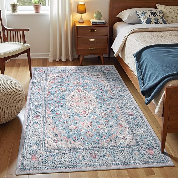 4x6 Blue Washable Boho Area Rug for Bedroom, Vintage Floral Non Slip Living Room Rugs, Soft Low Pile Indoor Mat, Aesthetic Pattern Carpet for Kitchen, Dining Room and Bedside