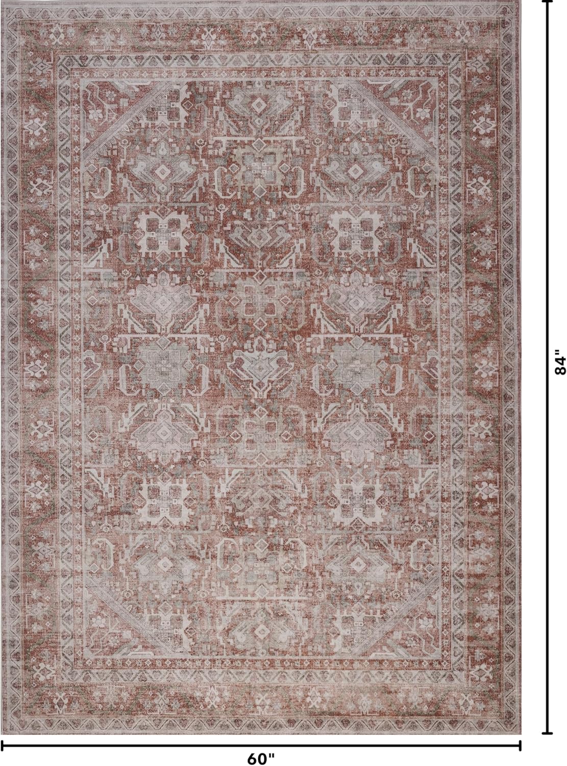 (Not sure of size) Kuden Area Rug, Machine Washable Area Rug with Non-Slip Backing, Vintage Style, Soft, Easy Clean, Low Pile Rug for Living Room, Bedroom, Dining Room Red 5' x 7' Rectangular