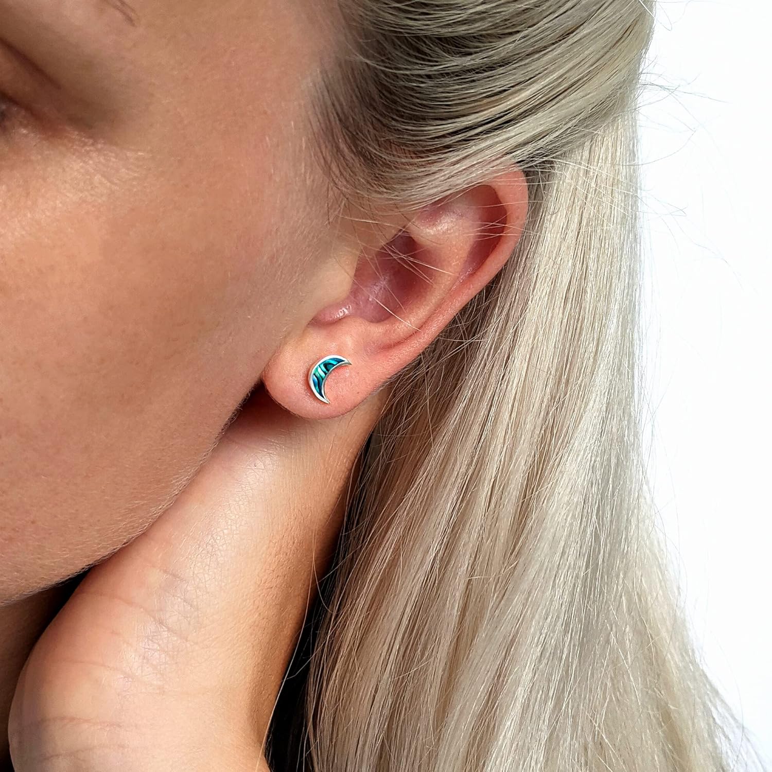 81stgeneration Sterling Silver Abalone Crescent Moon Stud Earrings for Women – Moon-Shaped Paua Shell Studs in 925 Silver - Colorful Gemstone Boho Jewelry - Small Gothic Celestial Earrings