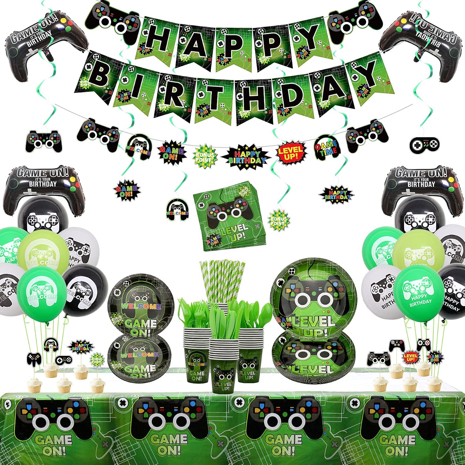 Video Game Party Supplies, Gaming Themed Birthday Party Decor for Boys and Gamer - 204Pcs Including Plates, Cups, Napkins, Tableware, Tablecloth, Cake Toppers, Hanging Swirls, Banners and Balloons Serves 20