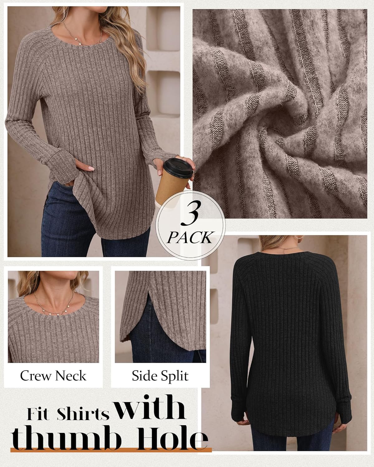 Riyiper 3 Pack Women's Long Sleeve Sweaters with Thumb Hole, Tunic Tops Ribbed Curved Hem Side Split Crew Neck Loose Shirts - Image 4