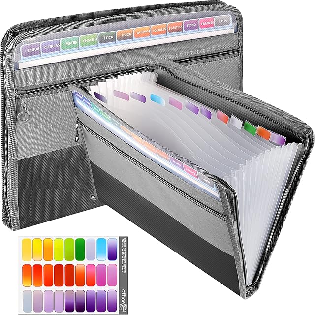 Expanding File Folders A4, 13 Pockets Filing Accordion Folder Document Organiser with Zipper, Portable Plastic Wallet Document Bill Storage Expander with Colored Tags for Office and School