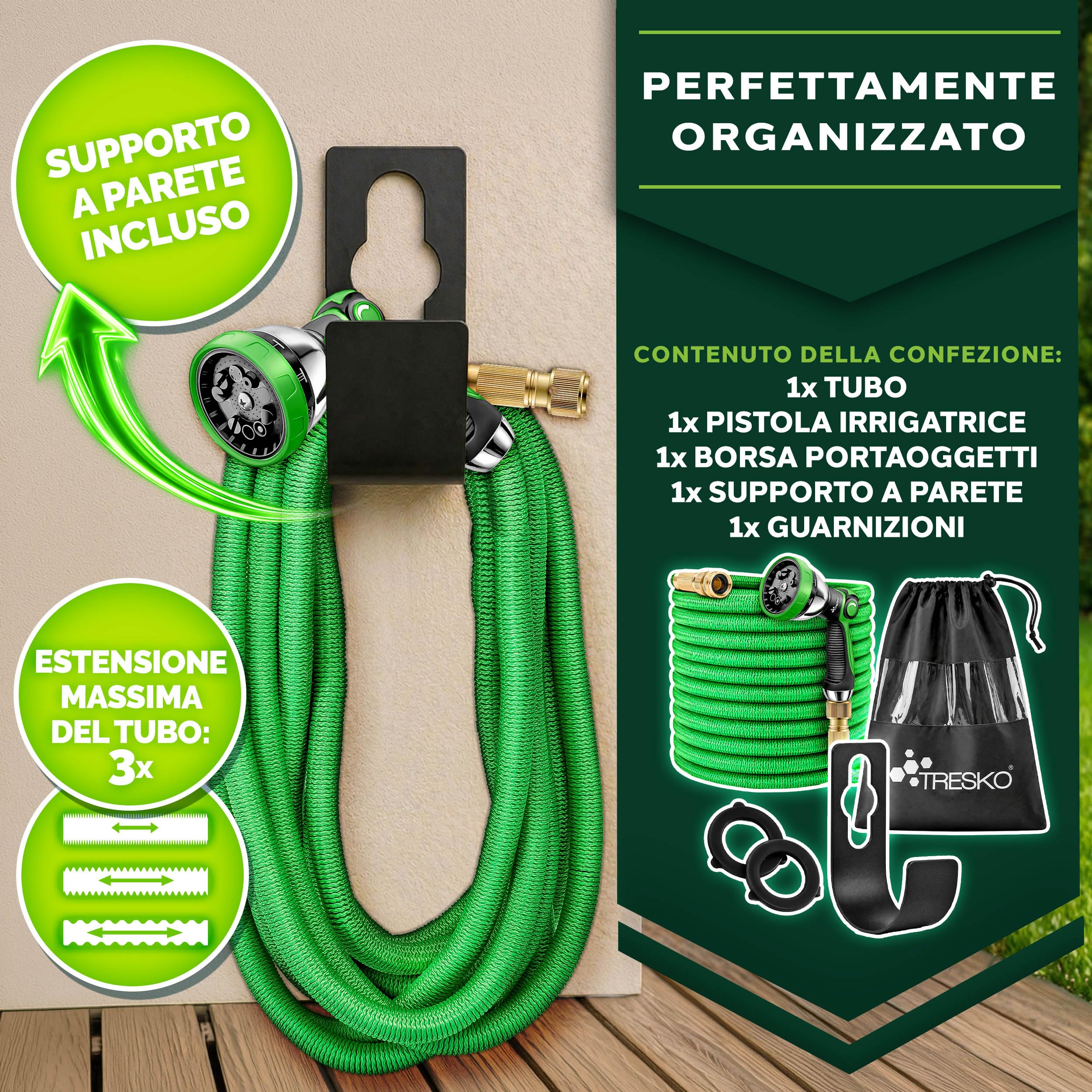 TRESKO Tubo da giardino Espandibile da 15M | Materiale in lattice | Ultra Resistente con Pistola da innaffioa 10 funzioni + Raccordo in Ottone