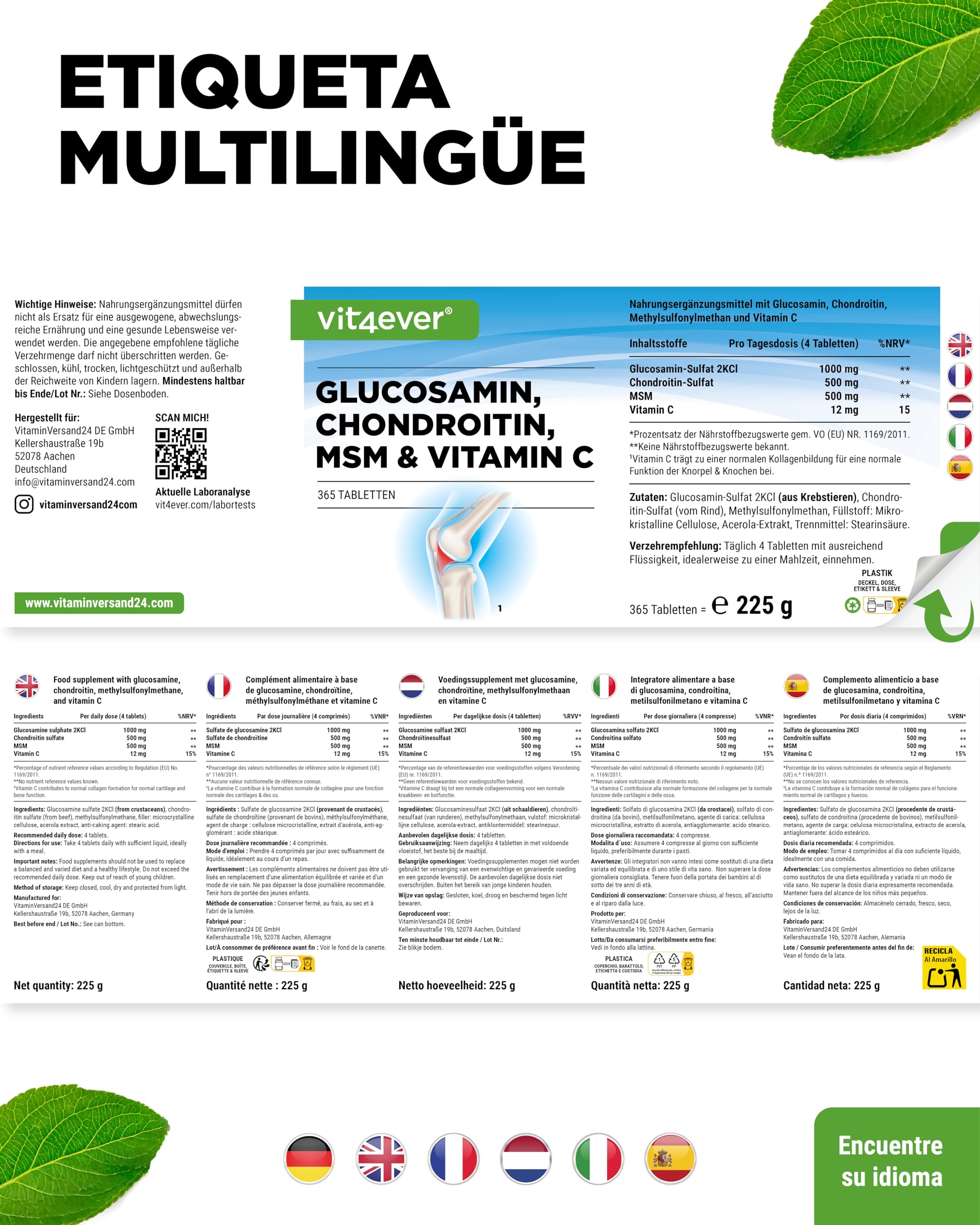 Glucosamina Condroitina MSM - 365 Comprimidos - Altamente dosificado con 2000 mg al día - Suministro para 3 meses - Sin aditivos no deseados
