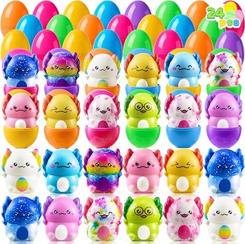 JOYIN 24 Pcs Easter Prefilled Eggs with Squishy Toys, Lovely Axolotl Squishy Toy for Easter Egg Hunt, Party Favor for Kids, Basket Stuffers, Filling Treats, Goodie Bag Fillers, Class Prize Supplies