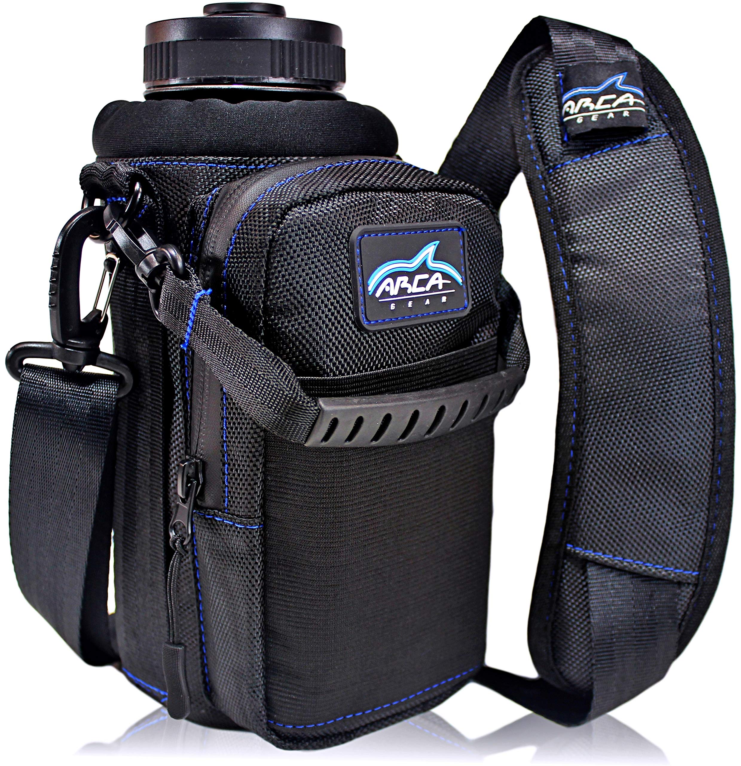 Arca Gear - Portabotellas y Soporte de Acero Inoxidable con Aislamiento de 81,3 ml, Incluye asa de Transporte, Correa para el Hombro, Cartera y Bolsillo Grande para Guardar artículos, 32 OZ, Negro