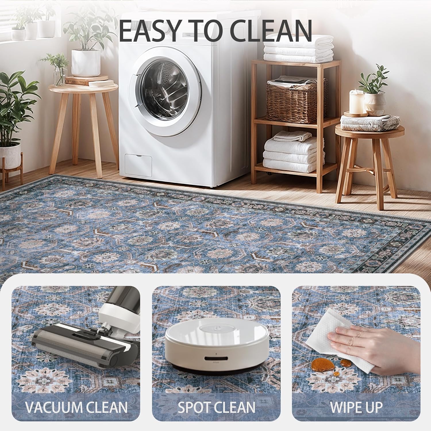 5x7 Area Rugs, Soft Non Slip Low Pile Washable Rug, Boho Modern Rug for Living Room, Bedroom, Dining Room, Blue
