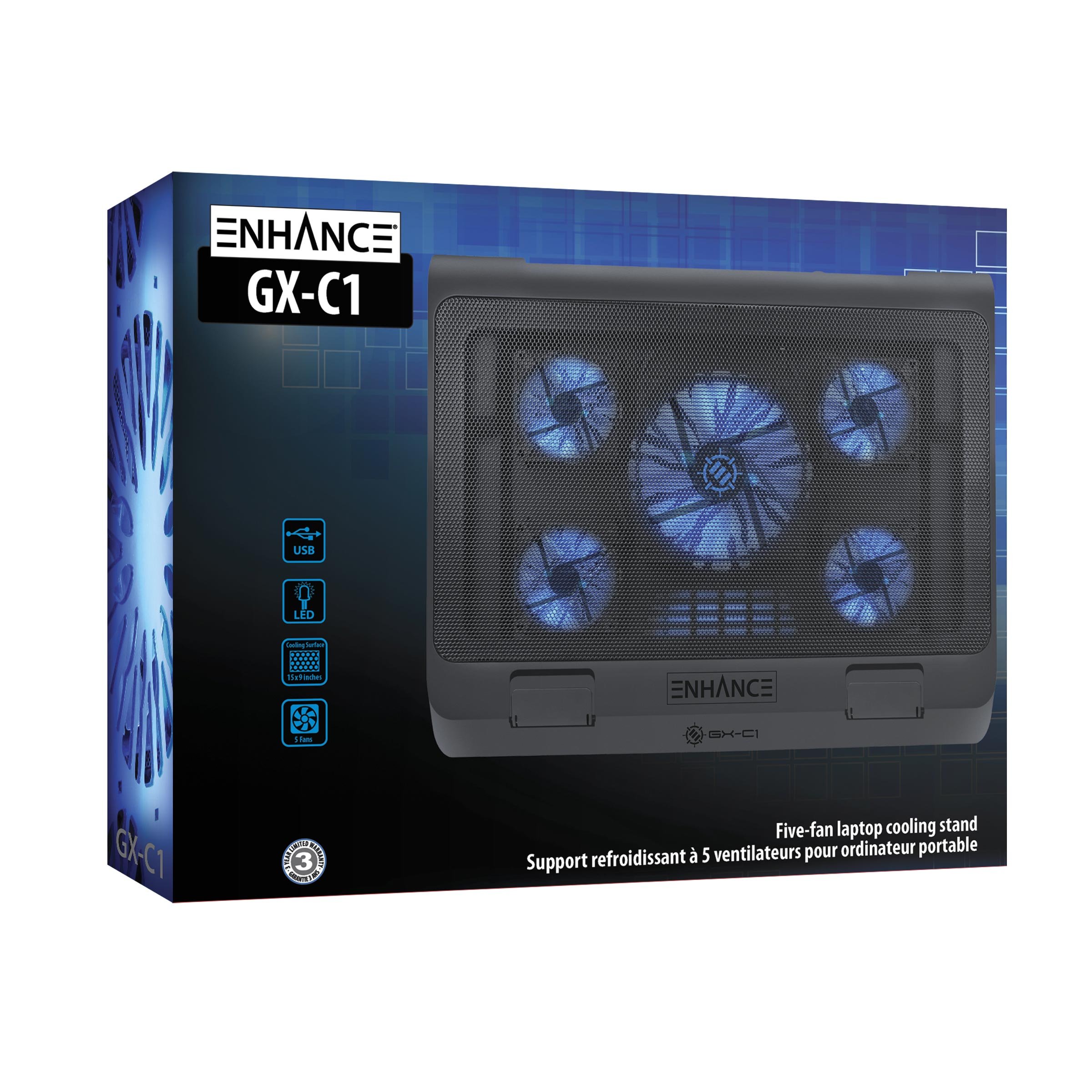 Enhance Support Refroidisseur PC Portable, Plaque de Refroidissement de 5 Ventilateurs avec LED Bleues et 2 Ports USB - Compatible avec Support Ordinateur Portable et Notebook - Dim: 40 x 32.4 cm