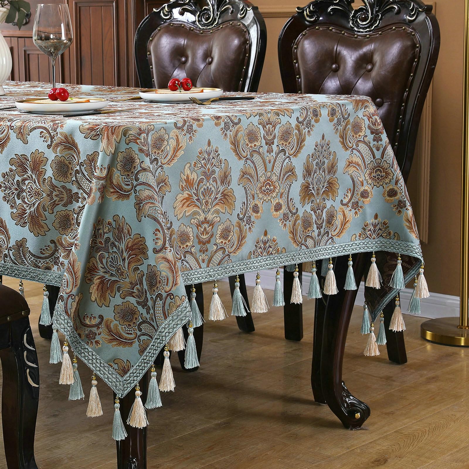 Tischdecke 150x220 cm, Stickerei mit Quasten Polyester, Blau