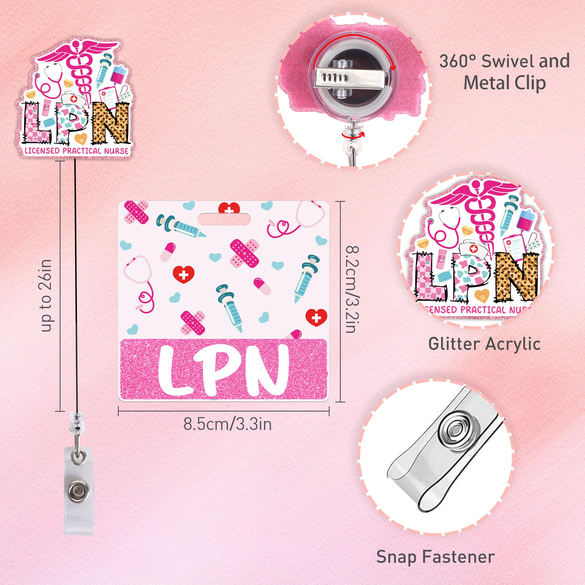 LPN Badge Reel And Buddy - Pink Retractable ID Holder For Nurses, Licensed Practical Nurse Accessories With Clip
