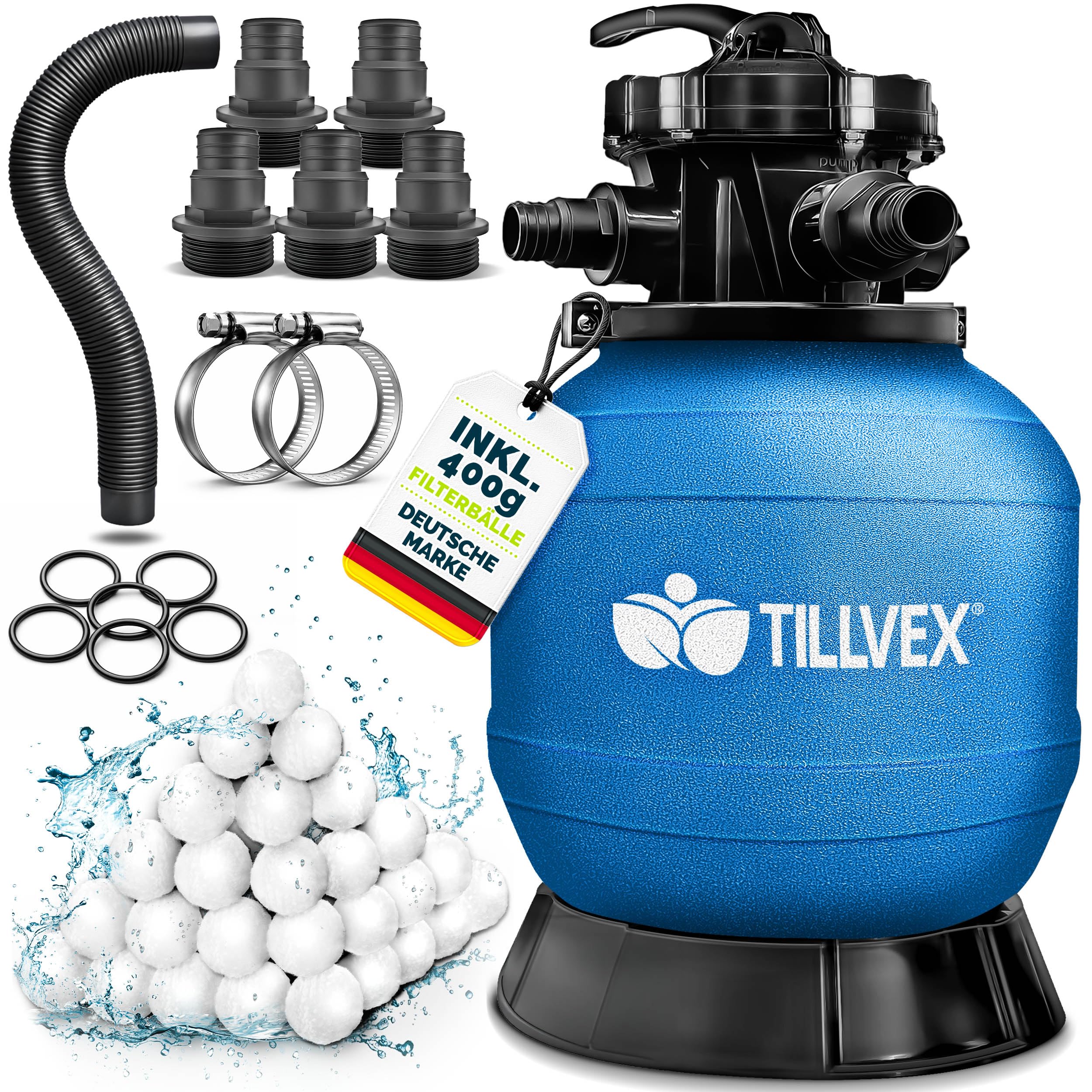 tillvex® Sandfilter Pool ohne Pumpe + Filterbälle | Filterkessel Poolfilter inkl. Adapter Ø32-38mm | Sandfilterkessel + 7-Wege-Ventil, Manometer & Saugschlauch (Blau, Bis 21 m³ (21.000 Liter) Pools)