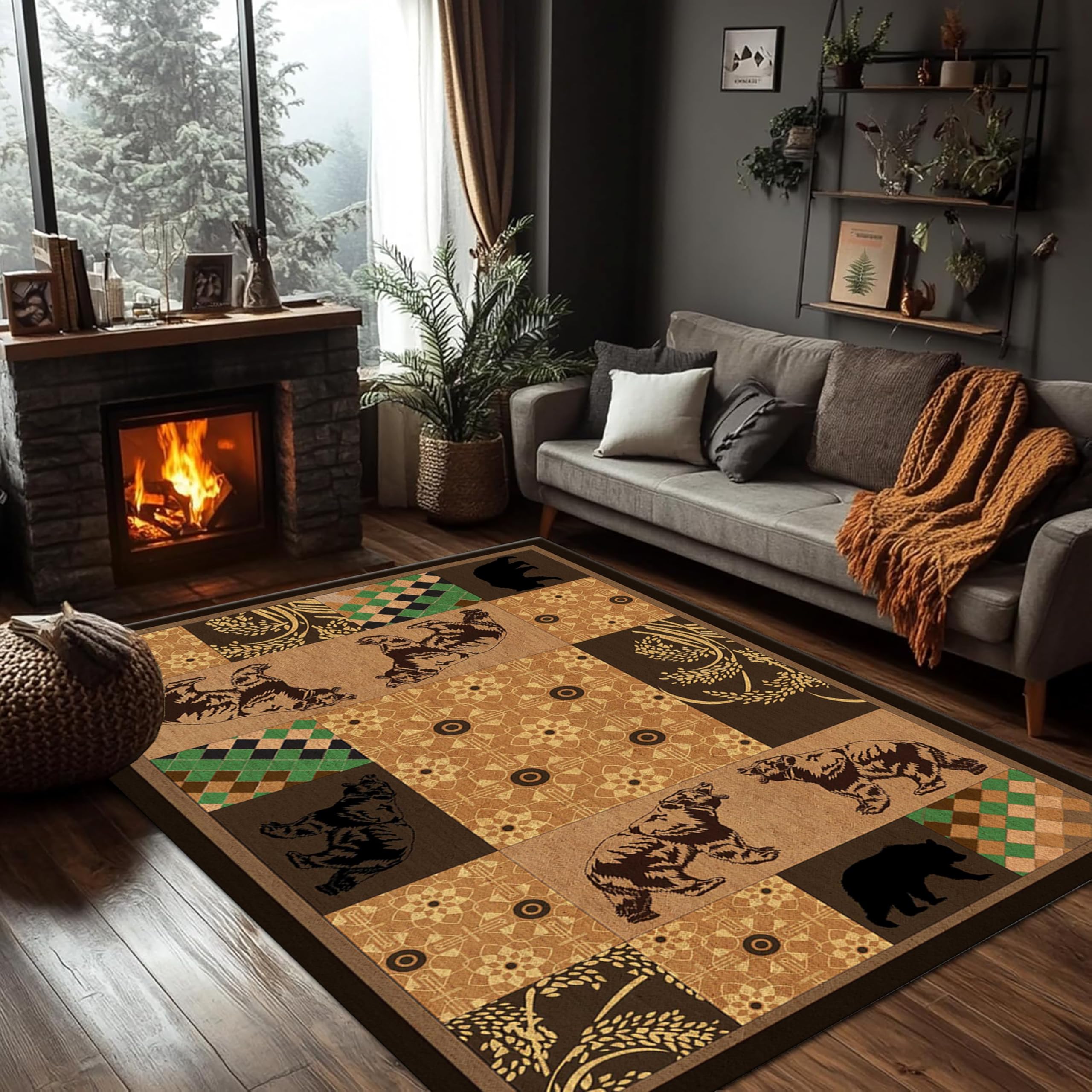 PDENZG Country Brown Bear Rug, 80x150cm,Vintage Plaid Print Rustic Area Rug, Washable Cabin Area Carpet, Low Pile Farmhouse Wildlife Carpet, for Living Room, Bedroom, Office, Dining Room Non Slip Mat — image 1
