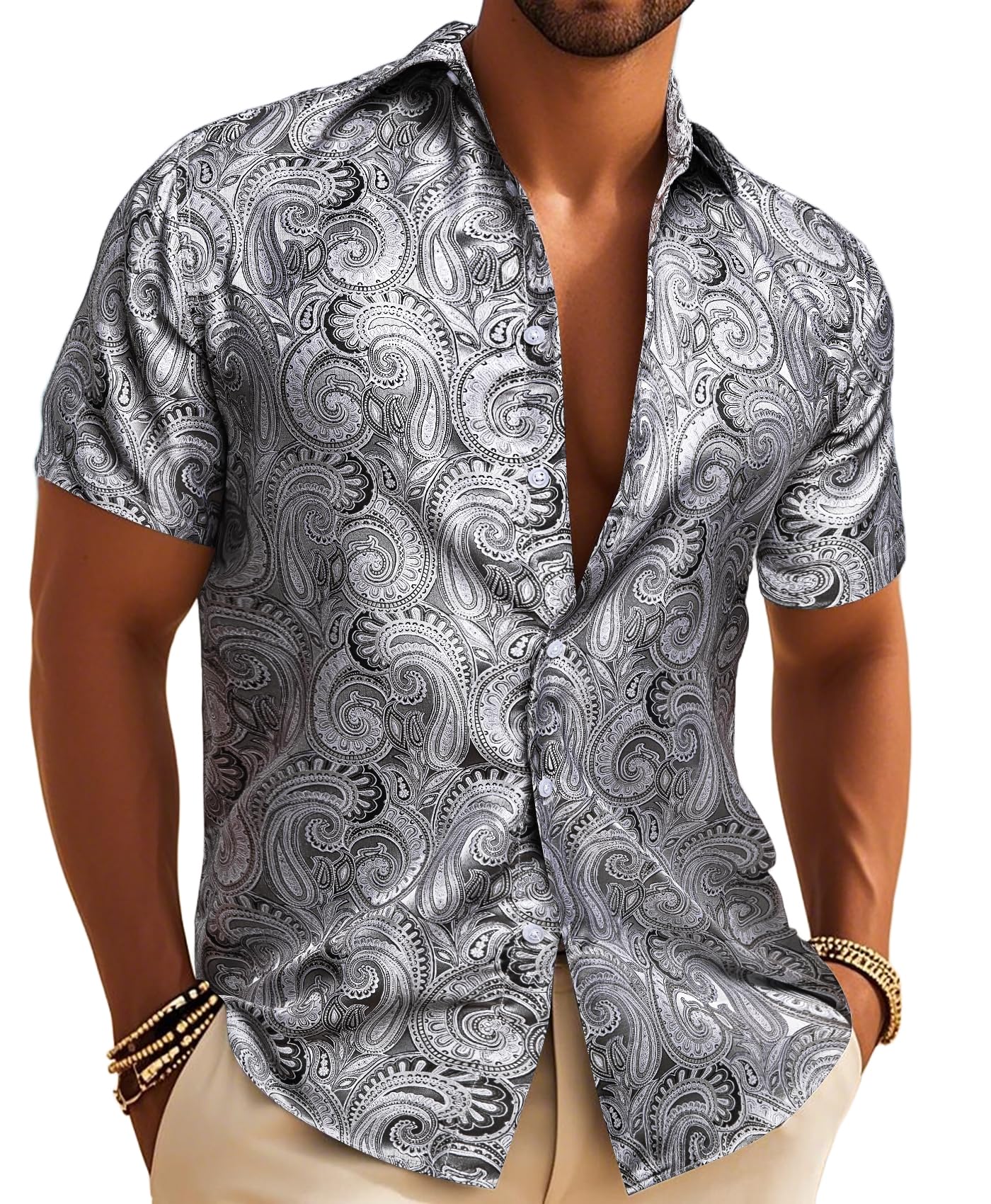 Barry.Wang Men's Silk Shirts Short Sleeve Western Designer Button Down Paisley Shirt Casual Beach Summer Party Mexico