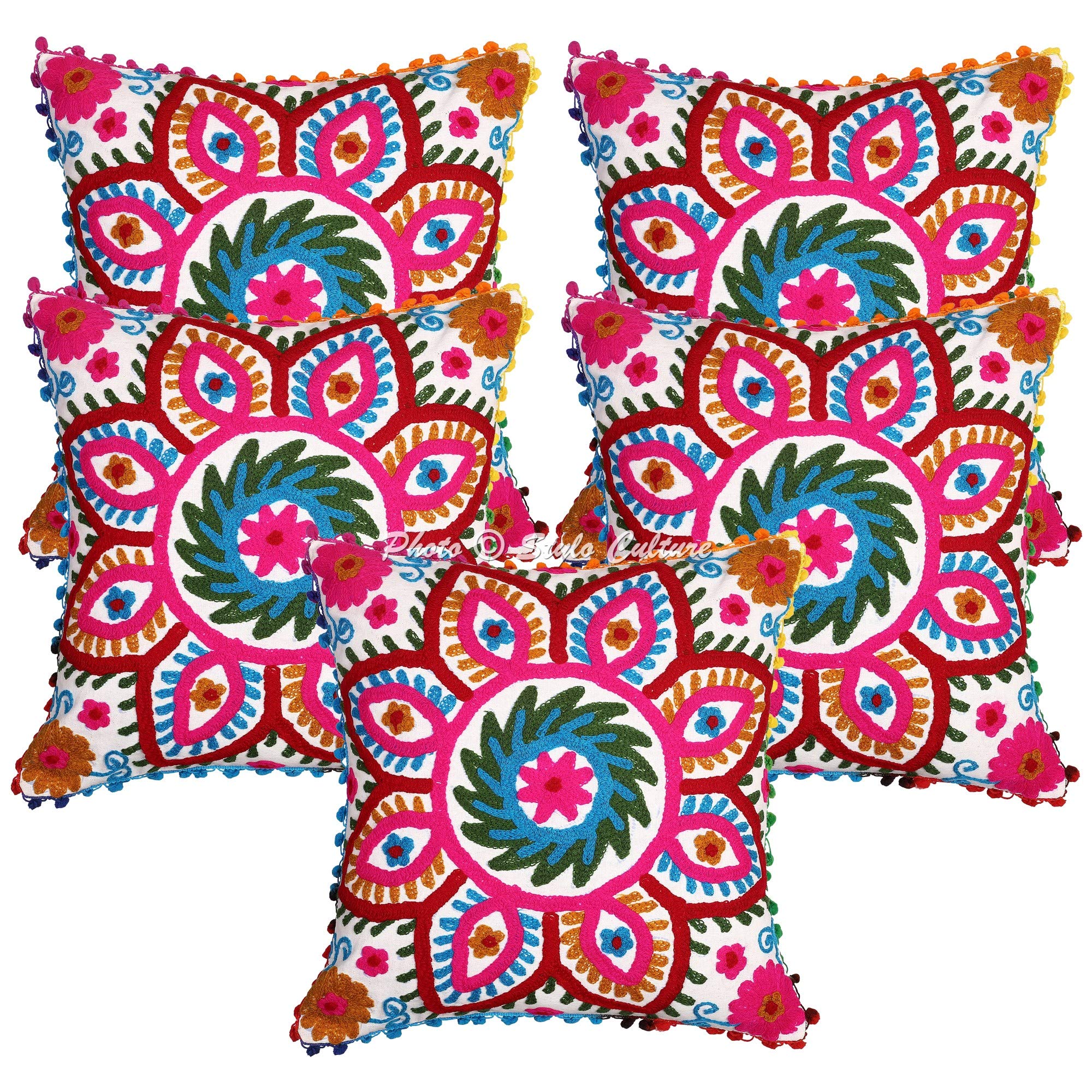 Bohemio Fundas De Almohadones Decorativa 40x40 cm Algodón Floral Forros para Cojines Silla Blanco 16x16 Inch Pompón Bordado Suzani Cuadrado Cremallera Fundas Cojines Sofa - 5 Pcs