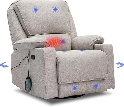 YOCONYO reclinable giratorio con función de masaje y calefacción silla de sala de estar con control remoto puerto USB y dos portavasos gris claro