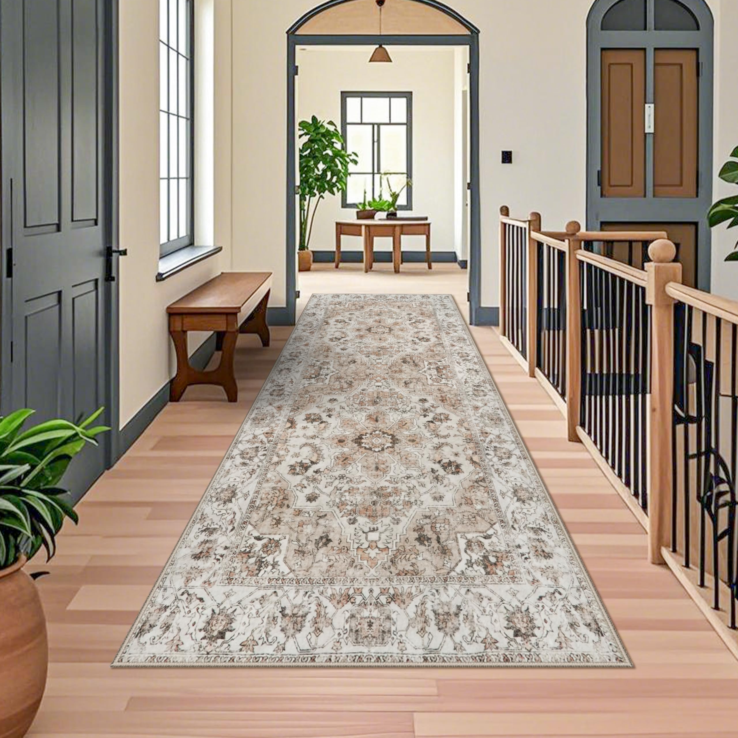 Washable Hallway Runner Rug 4x10: Non Slip Runner Rugs with Rubber Backing Soft Kitchen Rug Farmhouse Distressed Carpet Runner for Living Room Bedroom Bathroom (Beige, 4X10)