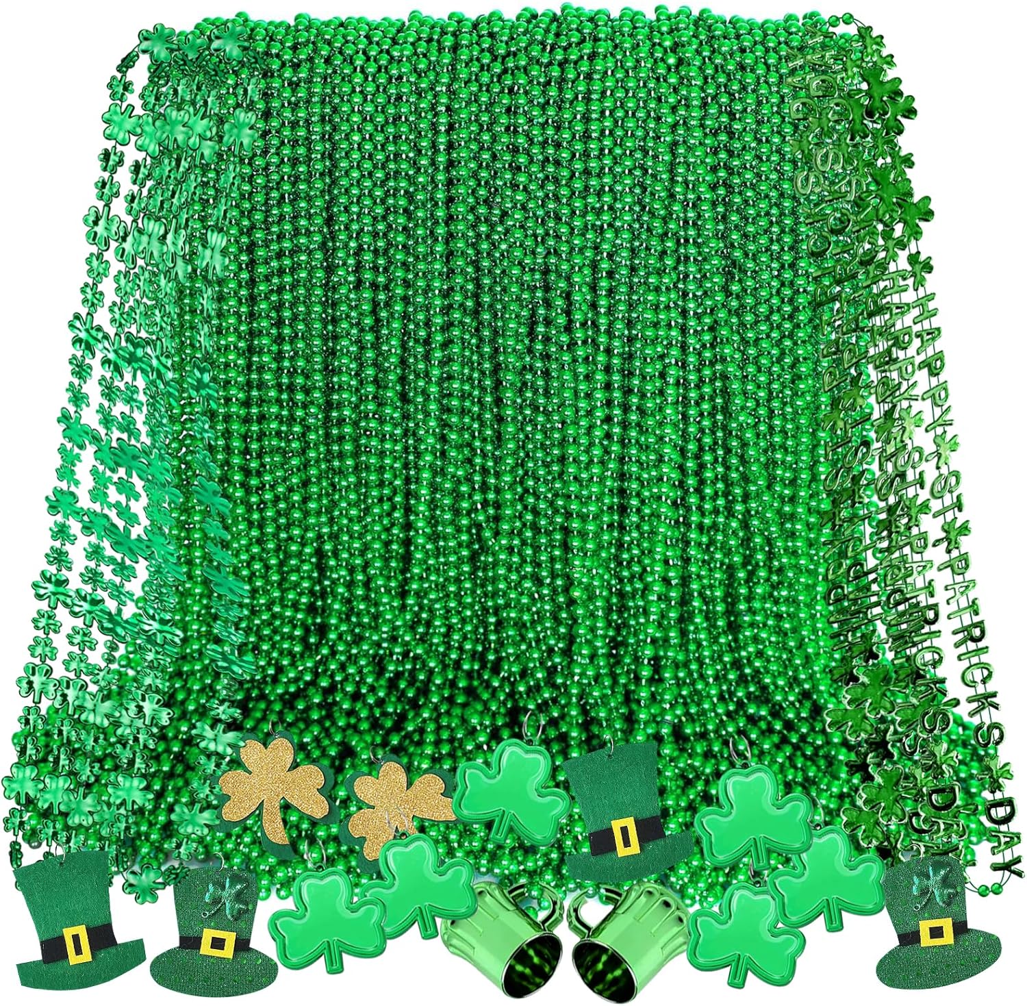 74PCS St Patricks Day Beads Necklaces Bulk with Shamrock Mug Hat Clover Pendant Green Beads Necklace St Patricks Day Accessories Beads Decoration for Irish St Patrick's Day Party Parade Throws