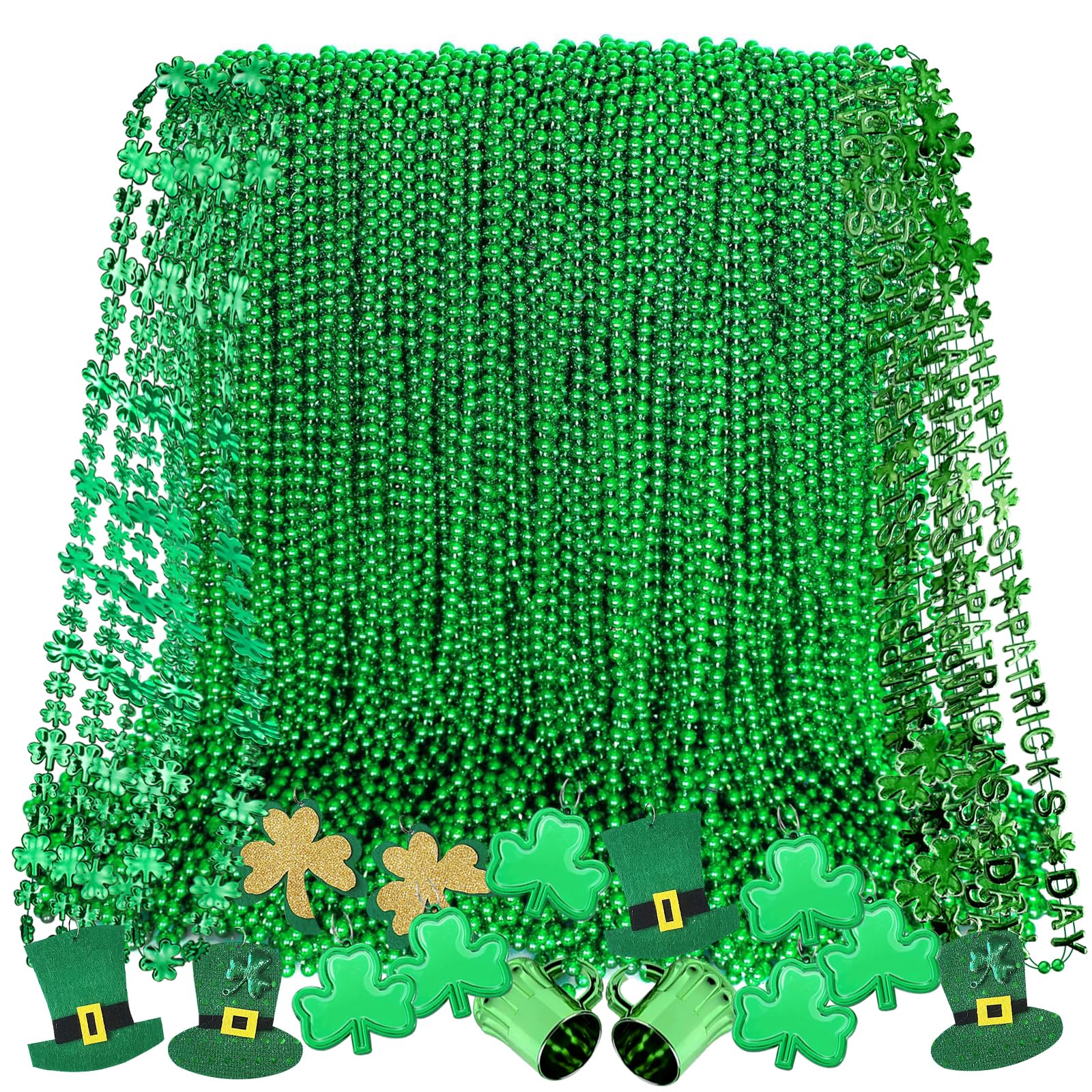 Elefama 74PCS St Patricks Day Beads Necklaces Bulk with Shamrock Mug Hat Clover Pendant Green Beads Necklace St Patricks Day Accessories Beads