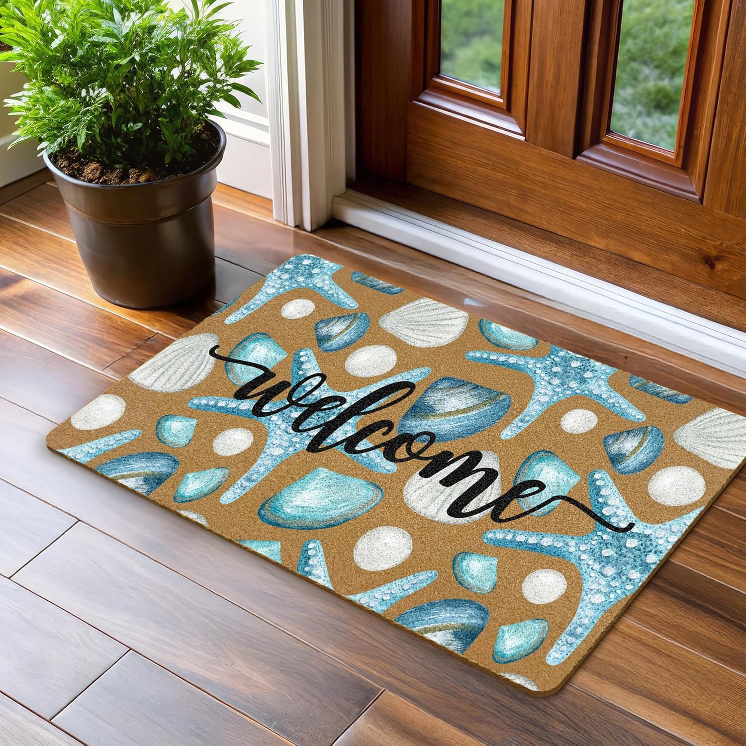 Coastal Beach Welcome Coir Door Mats Outdoor, Coastal Ocean Seashell Starfish Front Door Mat Outside Entrance, Beach Doormat Outdoor Indoor Entrance for Home Entryway Decor, 17x30in