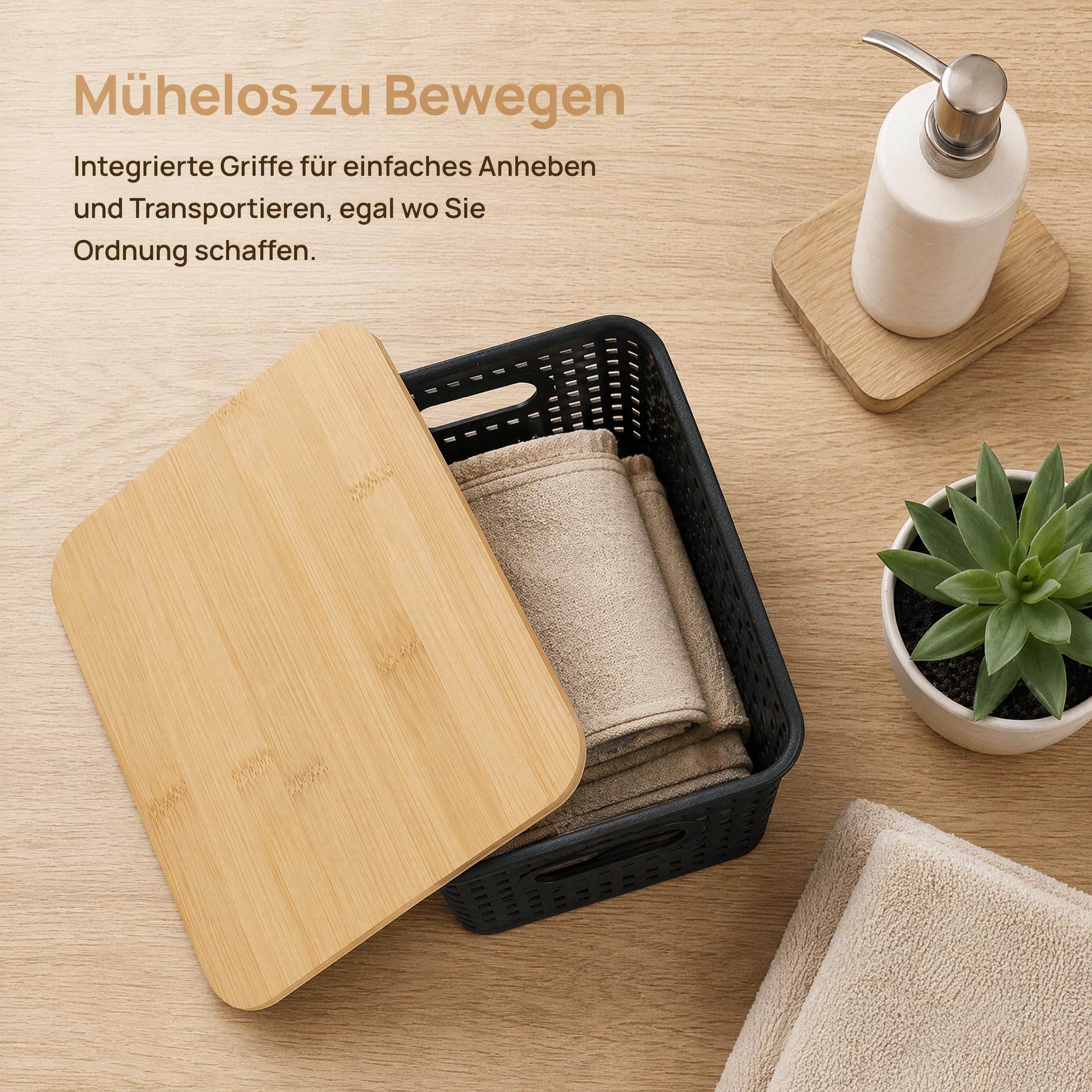 Scatola portaoggetti con coperchio, piccola, nera, 6 pezzi, 5 l, organizer da bagno e cucina, scatole impilabili con coperchio in bambù (6 pezzi (25 x 18 x 10 cm)
