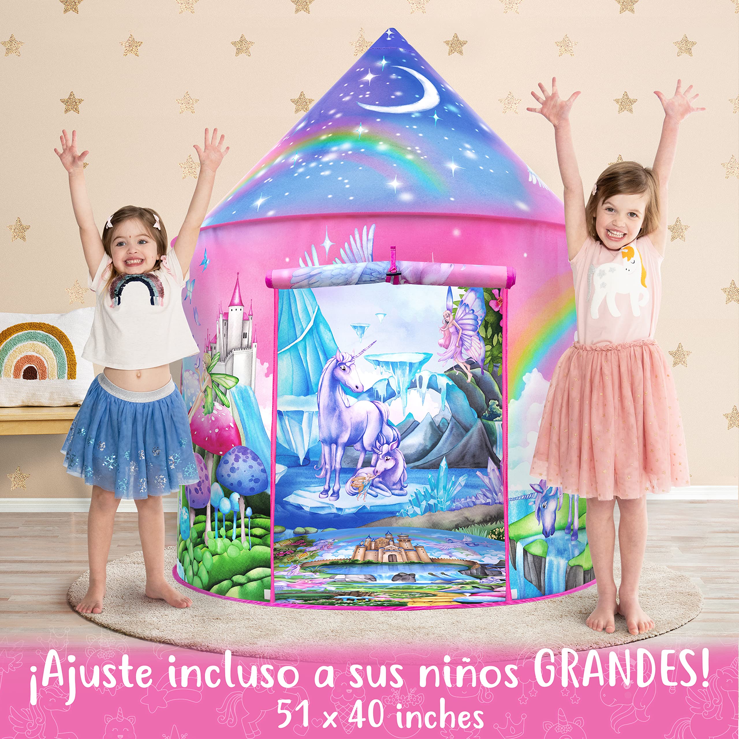W&O Tienda de campaña de Unicornio arcoíris para niñas con sonidos mágicos y juguetes de unicornio, tienda de princesa para niñas