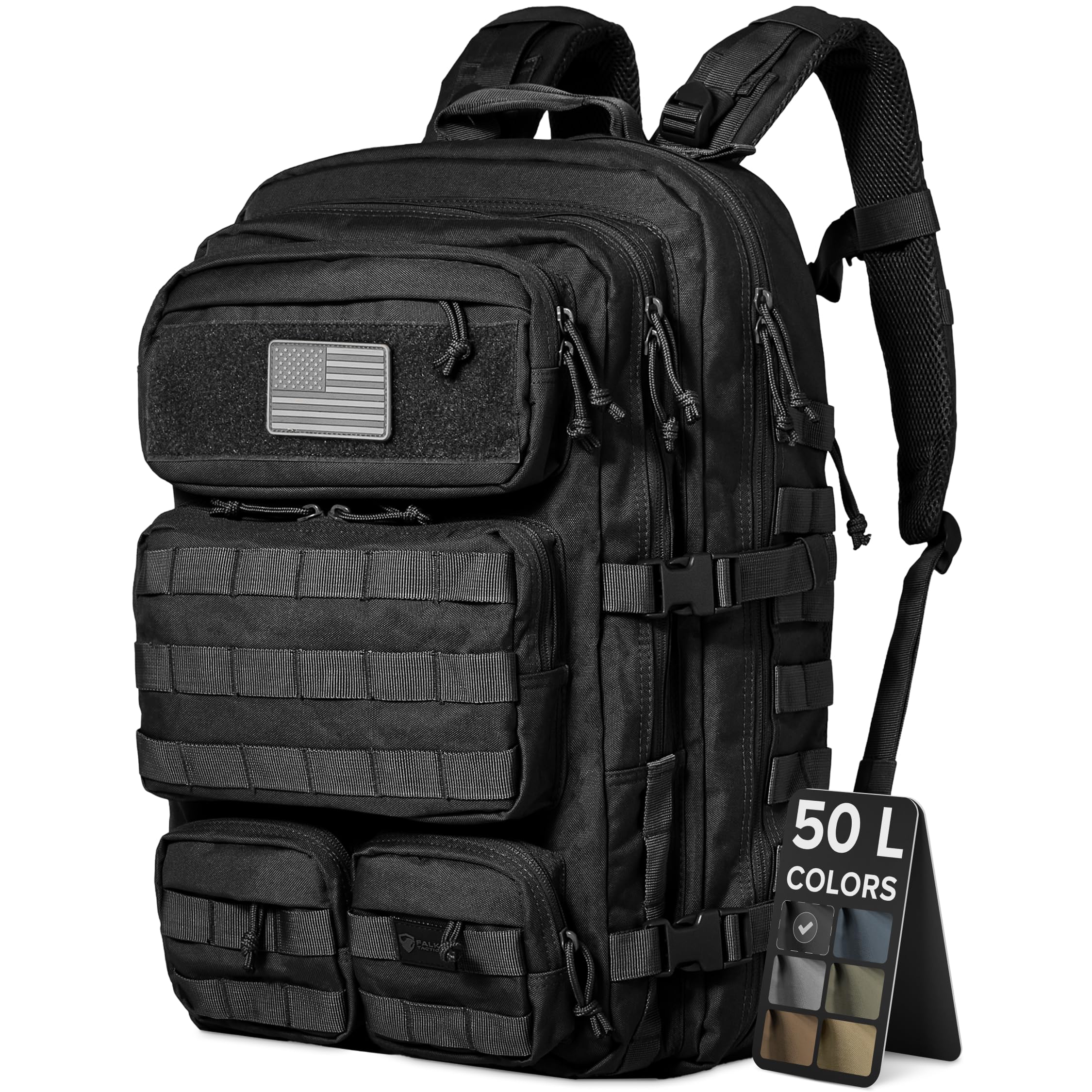 Falko Tactical Sac à dos 50 L, 2,4 fois plus résistant, sac à dos militaire, solide, grand sac à dos Molle, pour travail et extérieur