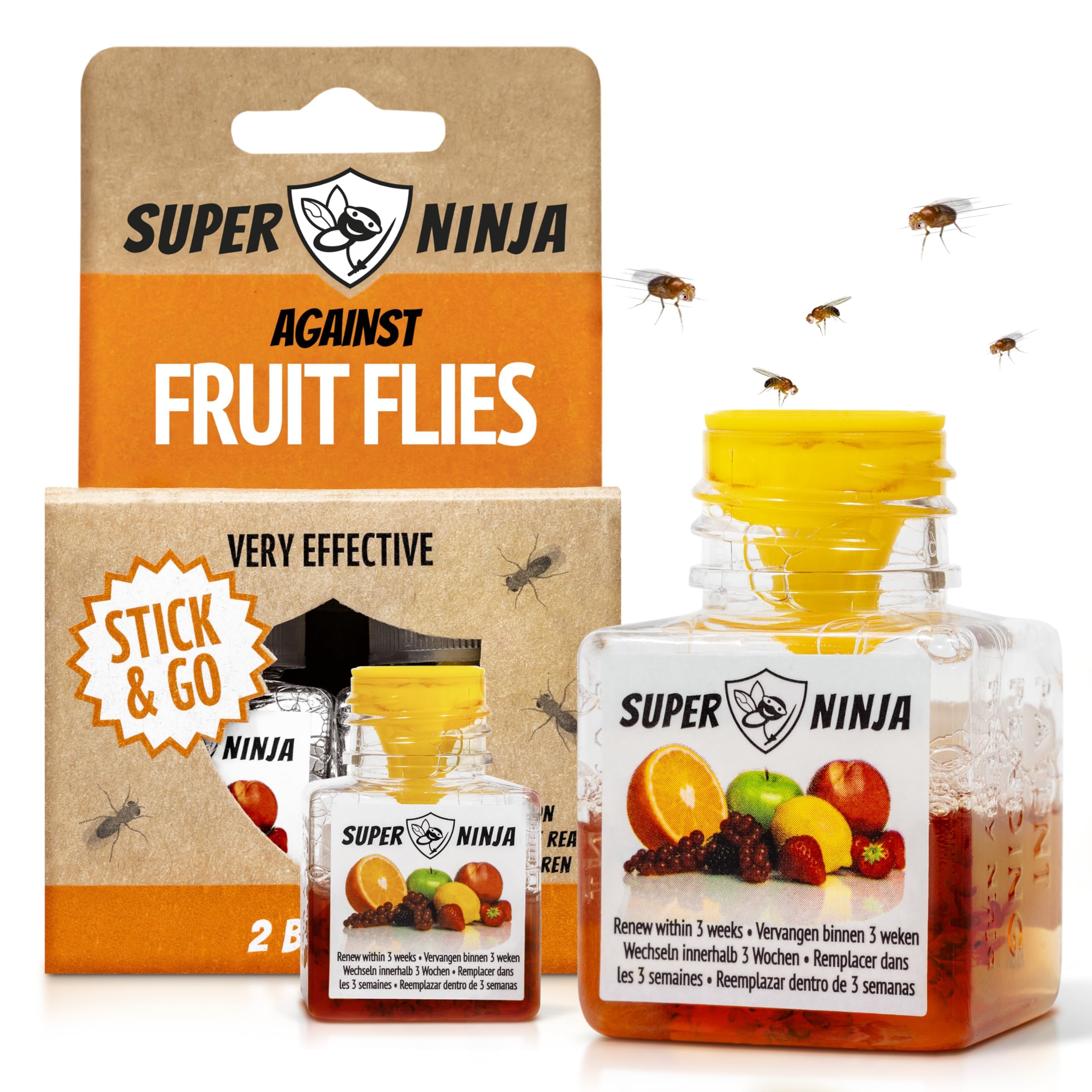 Super Ninja Fruit Fly Traps for Indoors - 2 Pack, Highly Effective Fruit Fly Catcher for Indoor Use for Home & Kitchen, Up to 3 Weeks of Performance per Bottle, Kid & Pet Friendly