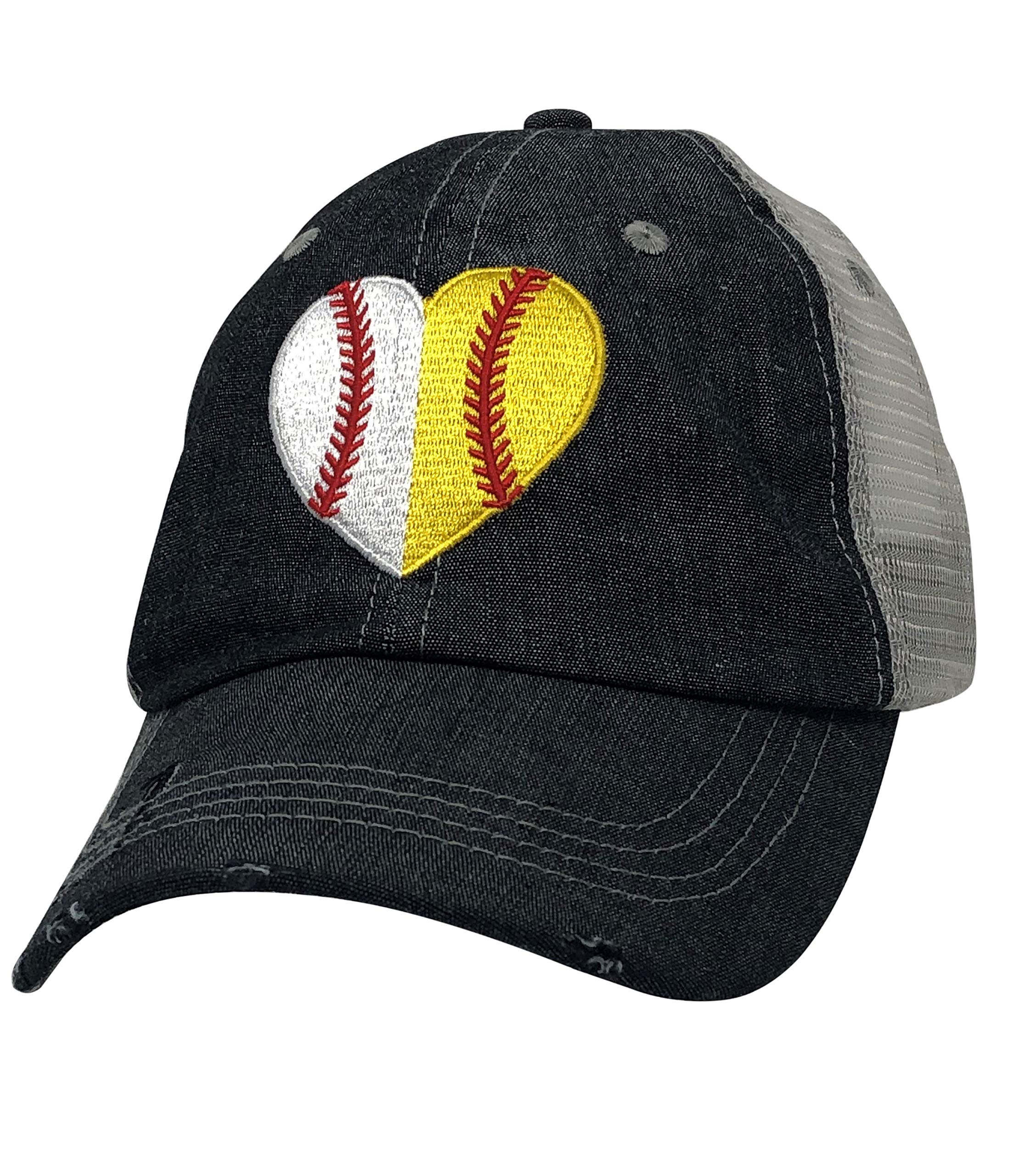 Cocomo Soul Embroidered Heart Ball MOM Softball Mom Baseball Mom Mesh Trucker Style Hat Cap Dark Grey