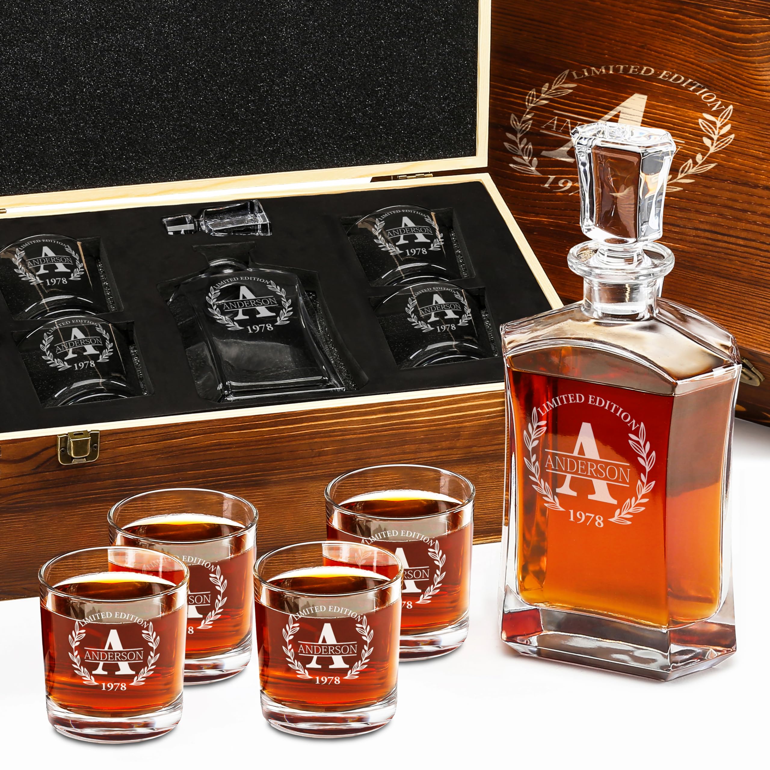 Personalized Whiskey Decanter and Glasses Set - Customized Gift for Him - Fathers Day Gift for Men, Dad, Father, Brother, Son - Engraved Old Fashioned Whiskey Decanter, 4 Glasses in Wooden Gift Box