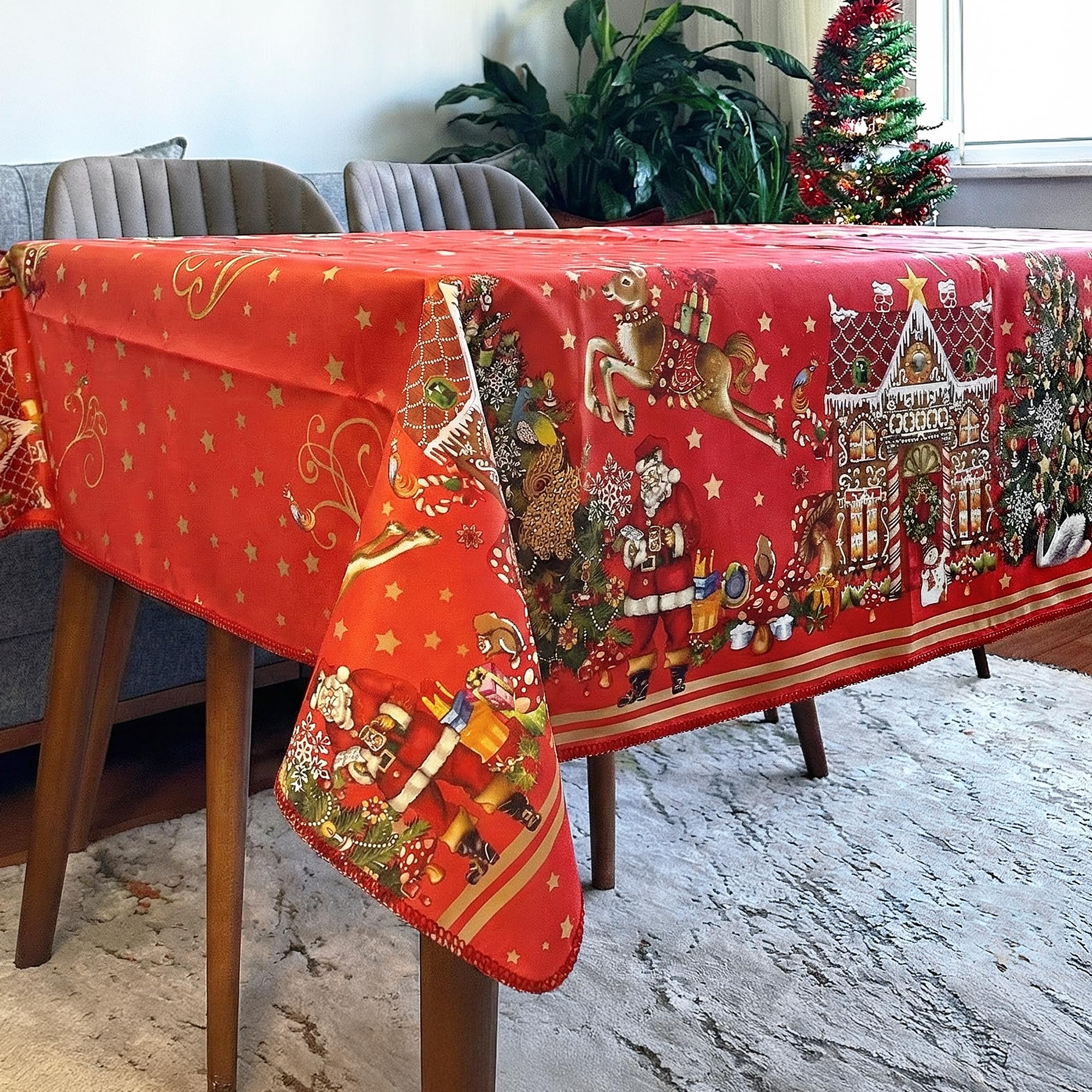 Decoser Red Christmas Christmas Tablecloth - Flannel Backed Tablecloth, Vinyl Holiday Dinner Covers, Easy To Wipe Oilcloth, Waterproof Tablecloths, Rectangle Shape, Table Cover For Christmas