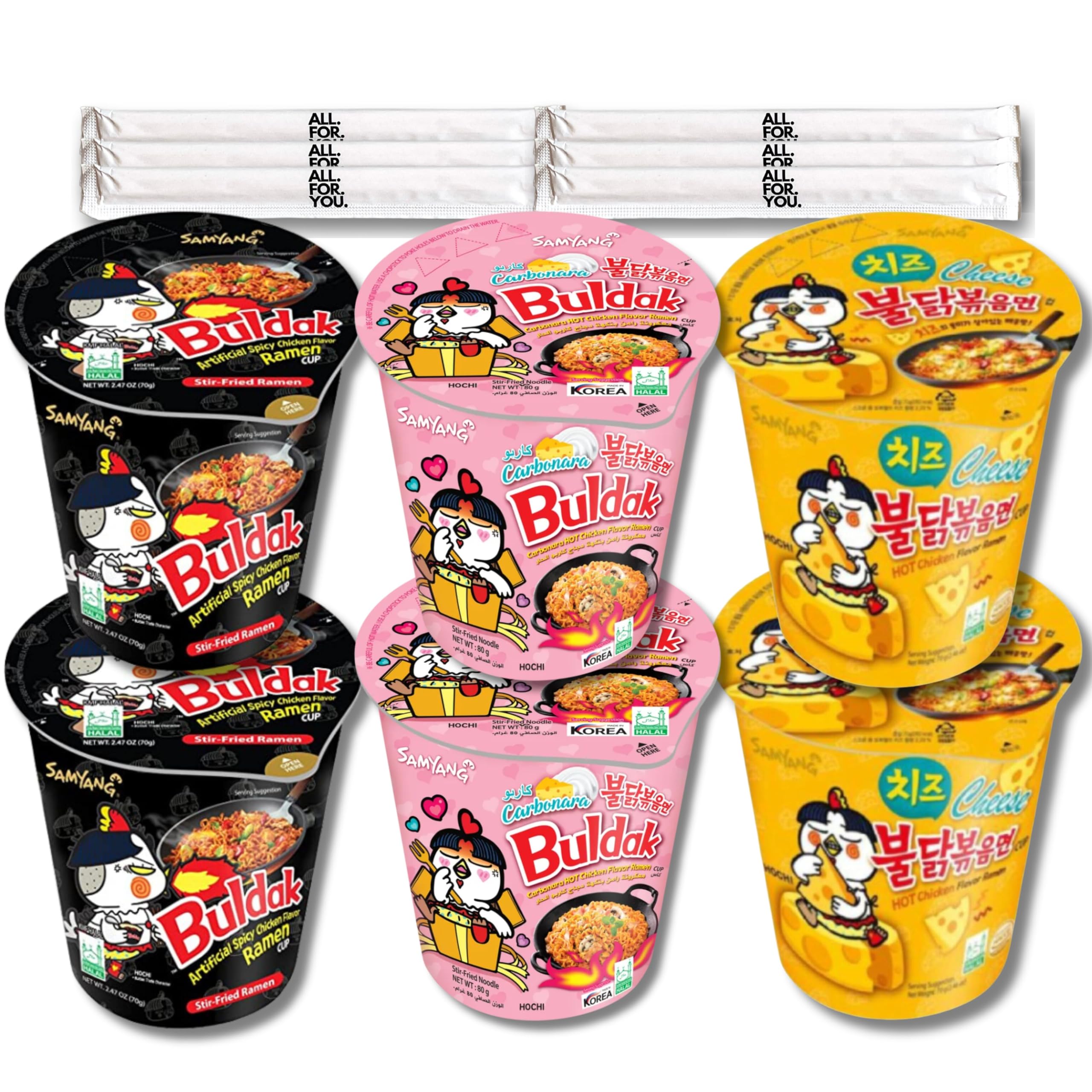 Buldak Ramen Noodles Cup 3 Flavor Cup Variety Combo - Original, Carbonara, Cheese - Total 6 pack (2 Pack ea) - Spicy Ramen Noodles Buldak Ramen Korean Spicy Hot Chicken Stir-Fried Cup Noodles Bundle with 6 ALL.FOR.YOU. Branded Chopsticks