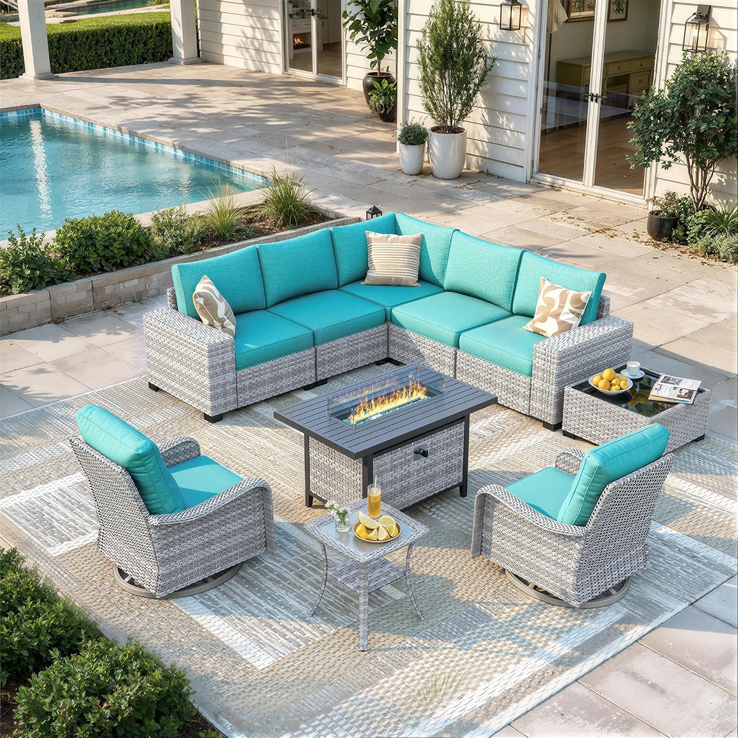 10 Piece Outdoor Wicker Patio Furniture Set with Swivel Chairs & Fire Pit
