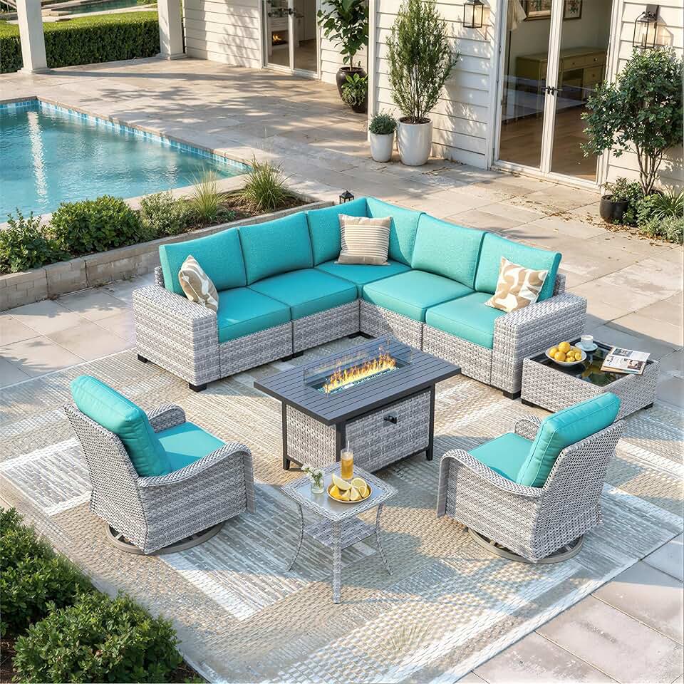 10 Piece Outdoor Wicker Patio Furniture Set with Swivel Chairs & Fire Pit