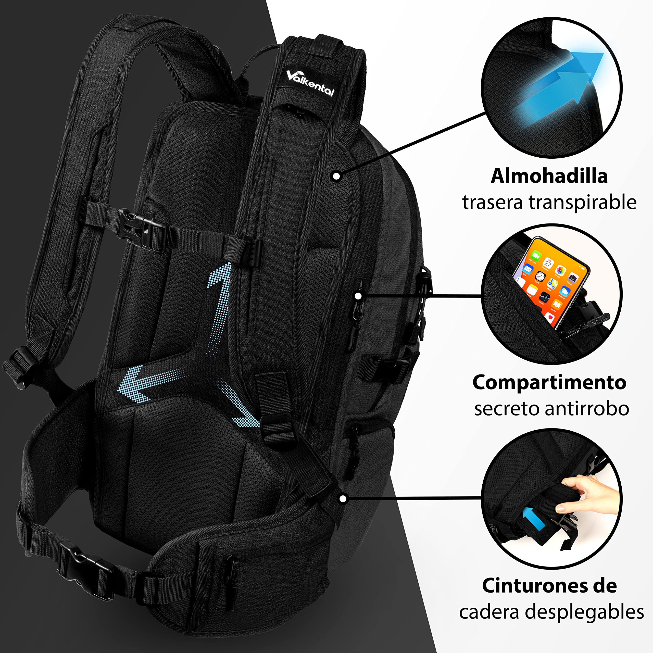 Valkental - Mochila Sostenible con Cinturones de Cadera Ocultables | 22L | Expandible con Riñonera - Perfecta para Senderismo, Trekking, Ciclismo y Uso Outdoor