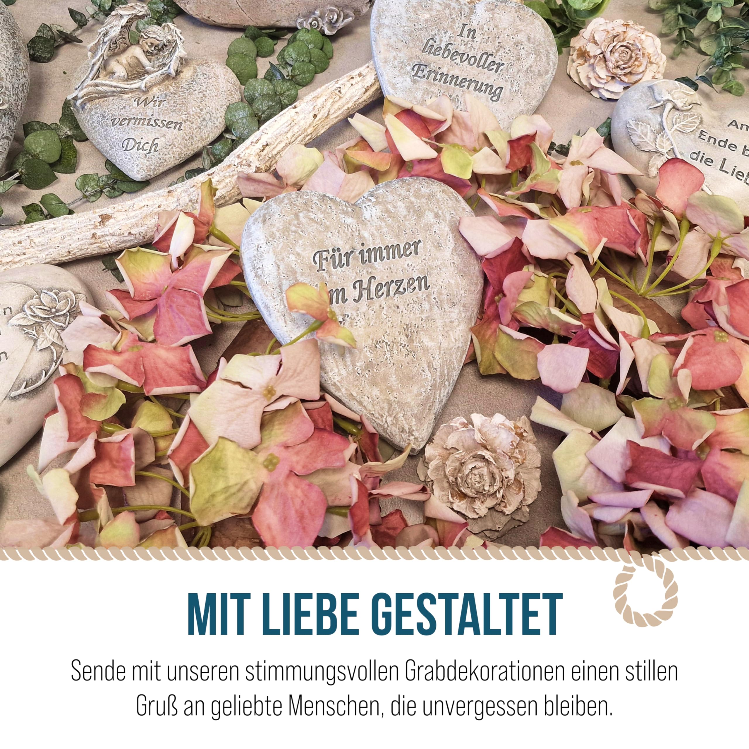Logbuch-Verlag Cœur décoratif avec motif floral - Cœur funéraire avec pissenlits - En béton - Gris et blanc - 18,5 x 15 x 5 cm