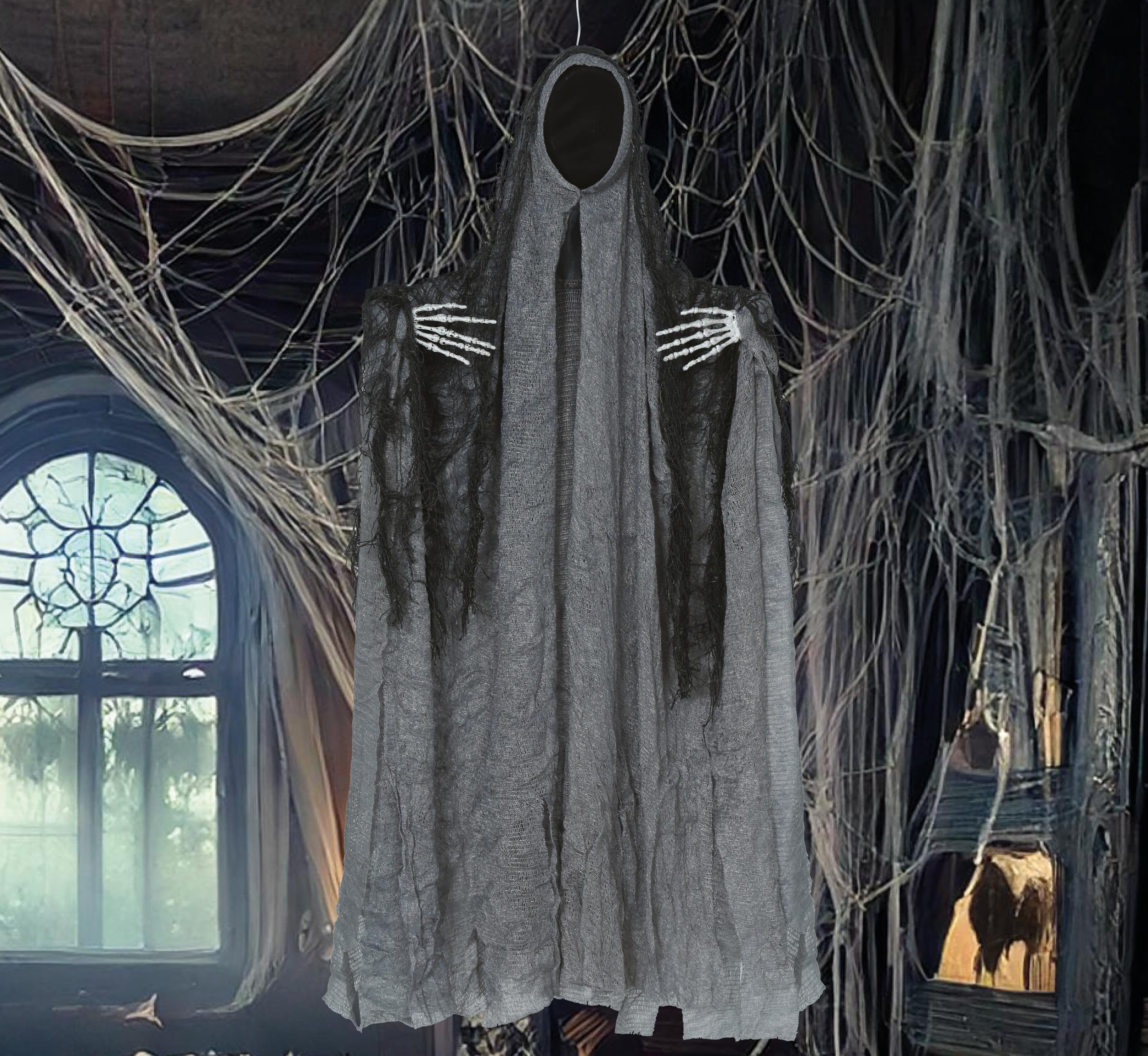 FIESTAS GUIRCA | Hanging Grey Ghost with Tunic (19.7 in) - Halloween Decoration for Ghost Parties and Spooky Celebrations - Ideal for Supernatural and Terrifying Environments - Grey