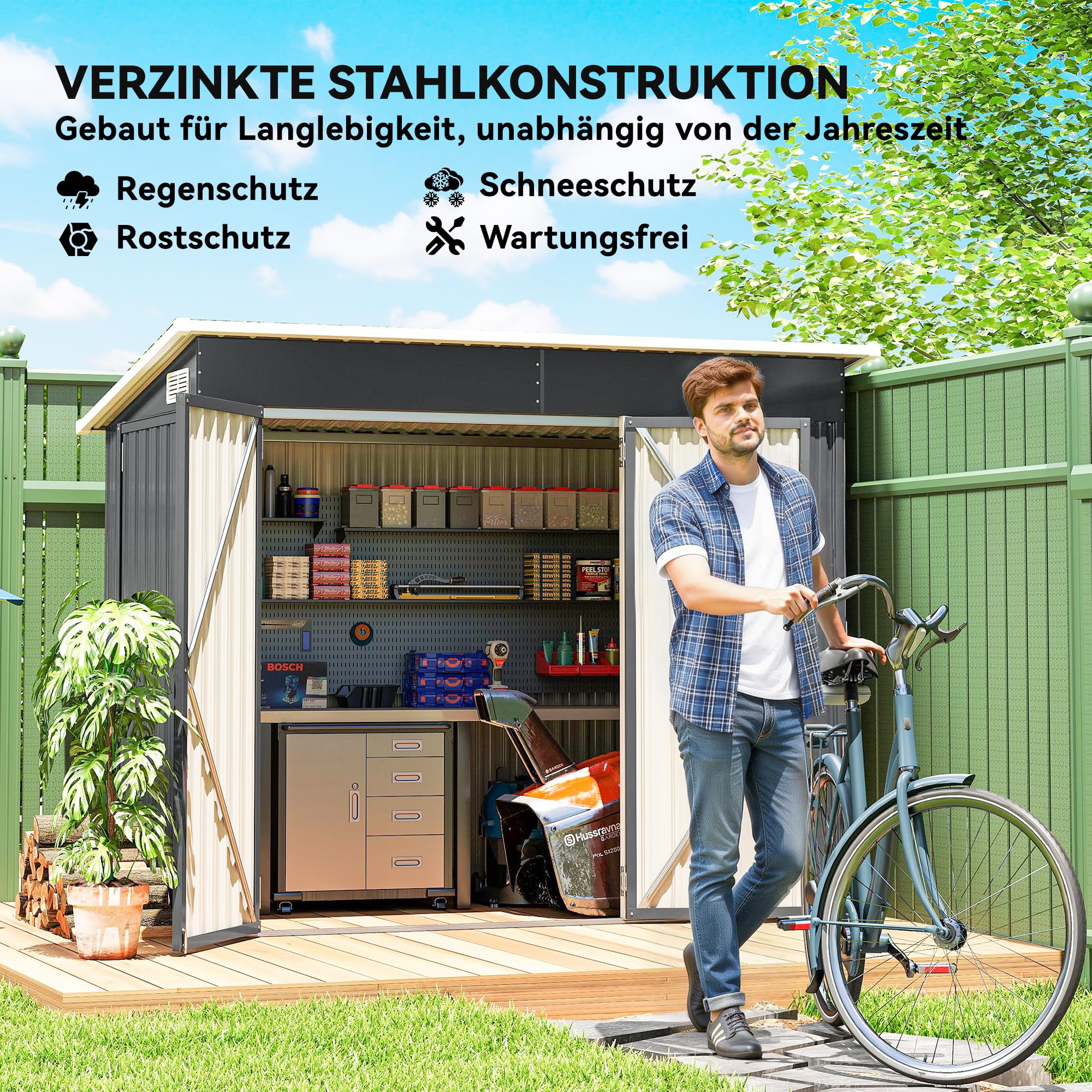 Outsunny Metalowy Schowek Ogrodowy 2,68 m², zamykany, z 3 drzwiami, wentylacją, spadzistym dachem, rękawicami, 234 x 132 x 185 cm, odporny na warunki pogodowe, do ogrodu