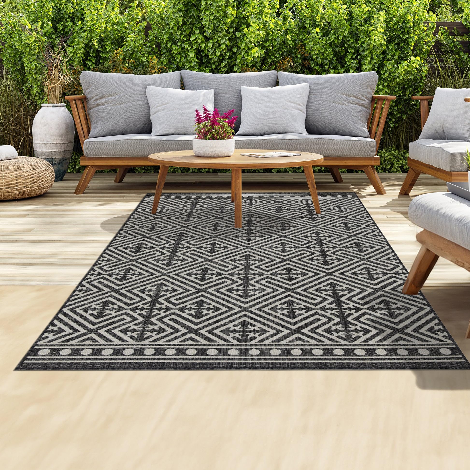 homeart Outdoor Rugs | Easy-Cleaning Indoor & Outdoor Area Rugs for Porch, Deck, Balcony, Garden, Picnic, Kitchen, Hallway | UV & Weather-Resistant Large Patio Rug Mats | Anthracite Cream 80 x 150 cm