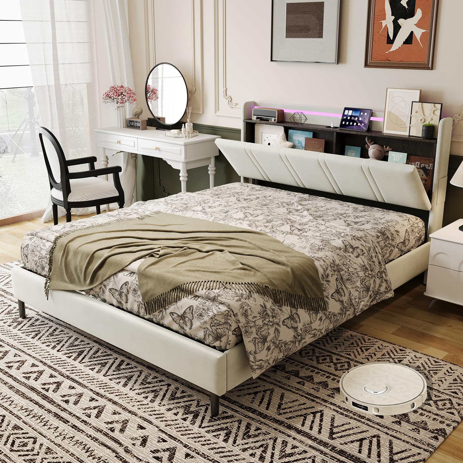 Camas Matrimoniales 160x200 con Tira LED y USB C, Cama Tapizada en Terciopelo con Cabecero Almacenaje Multifuncional, cama Matrimonio con Somier 160x200 Madera,Marco Metálico,Estable500kg,Beige